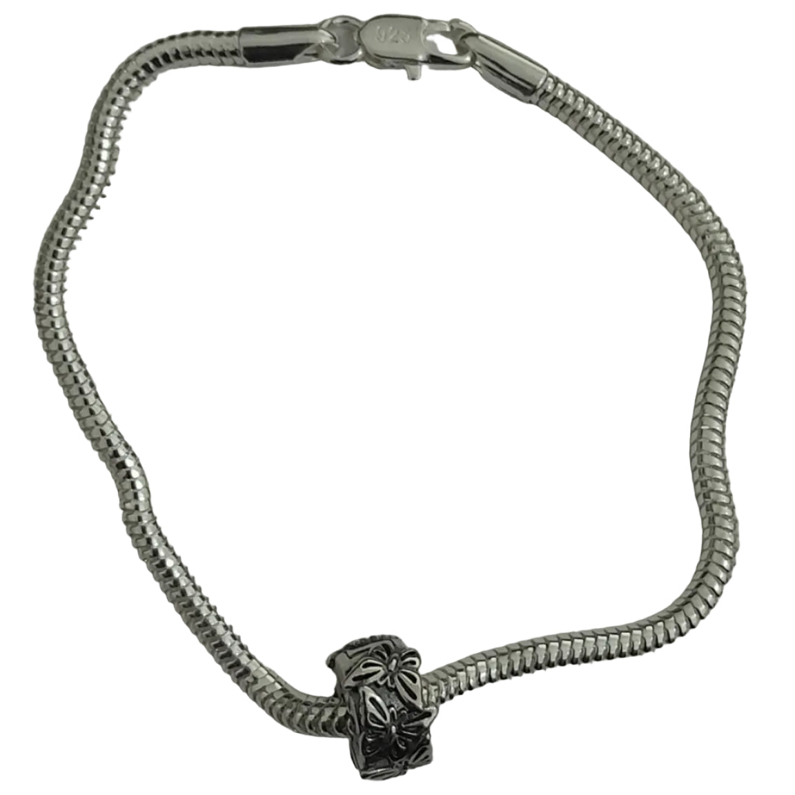 Premium sterling silver butterfly charm bracelet with smooth snake chain, raised wings, and oxidised detailing