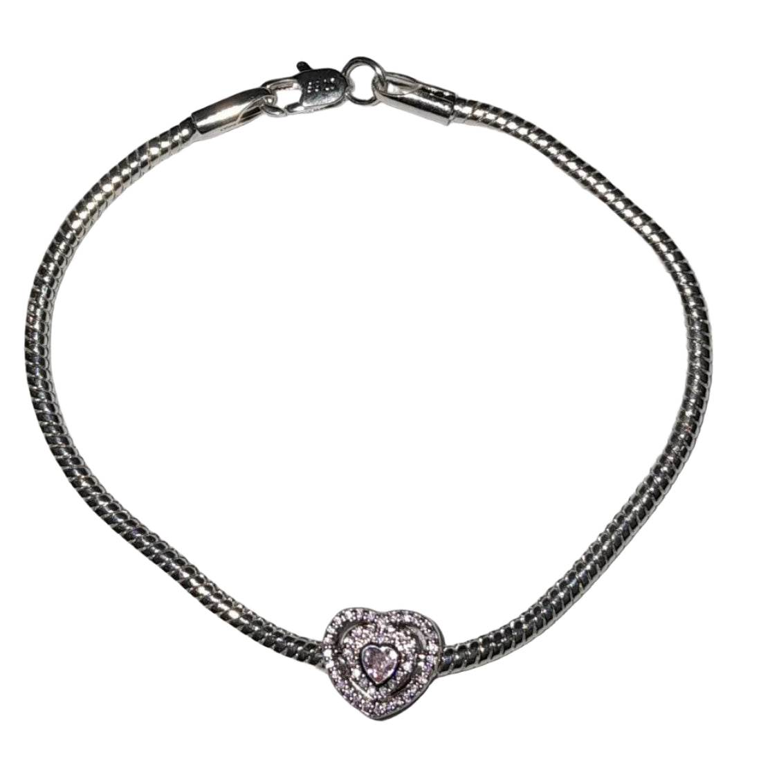 Premium sterling silver bracelet with double-layer heart charm, pavé clear stones, and light pink heart-shaped crystal
