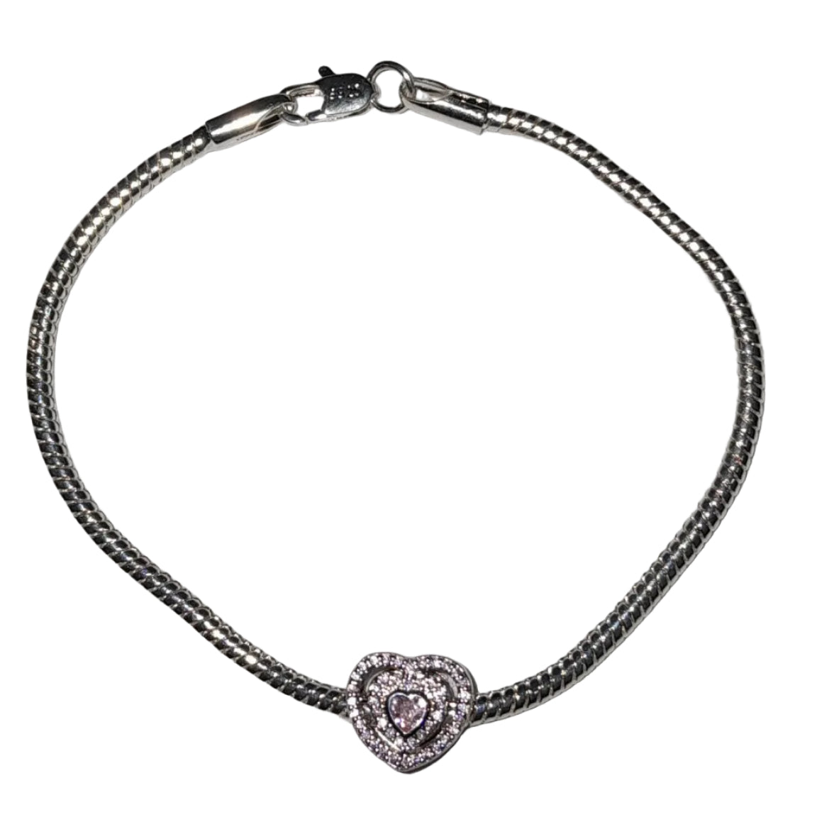 Premium sterling silver bracelet with double-layer heart charm, pavé clear stones, and light pink heart-shaped crystal
