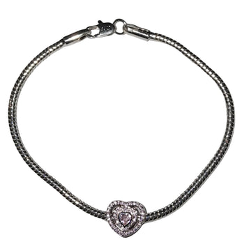 Premium sterling silver bracelet with double-layer heart charm, pavé clear stones, and light pink heart-shaped crystal