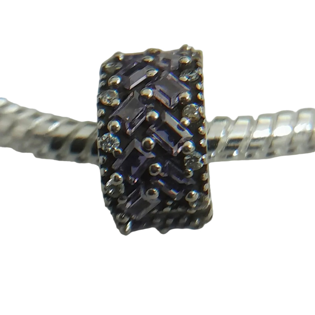 Premium sterling silver bracelet with deep purple baguette stones and clear pavé crystals on smooth snake chain