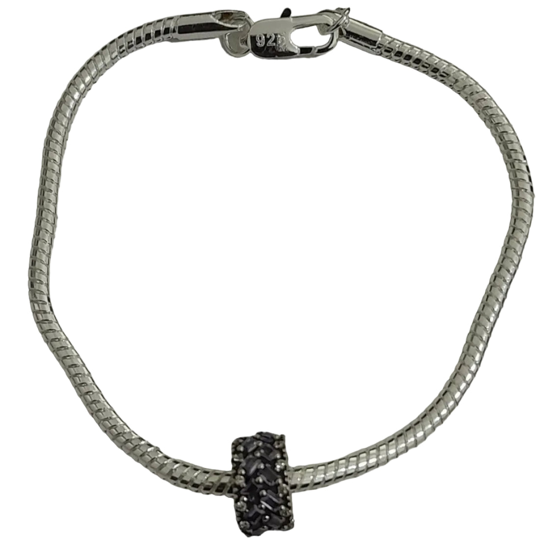 Premium sterling silver bracelet with deep purple baguette stones and clear pavé crystals on smooth snake chain