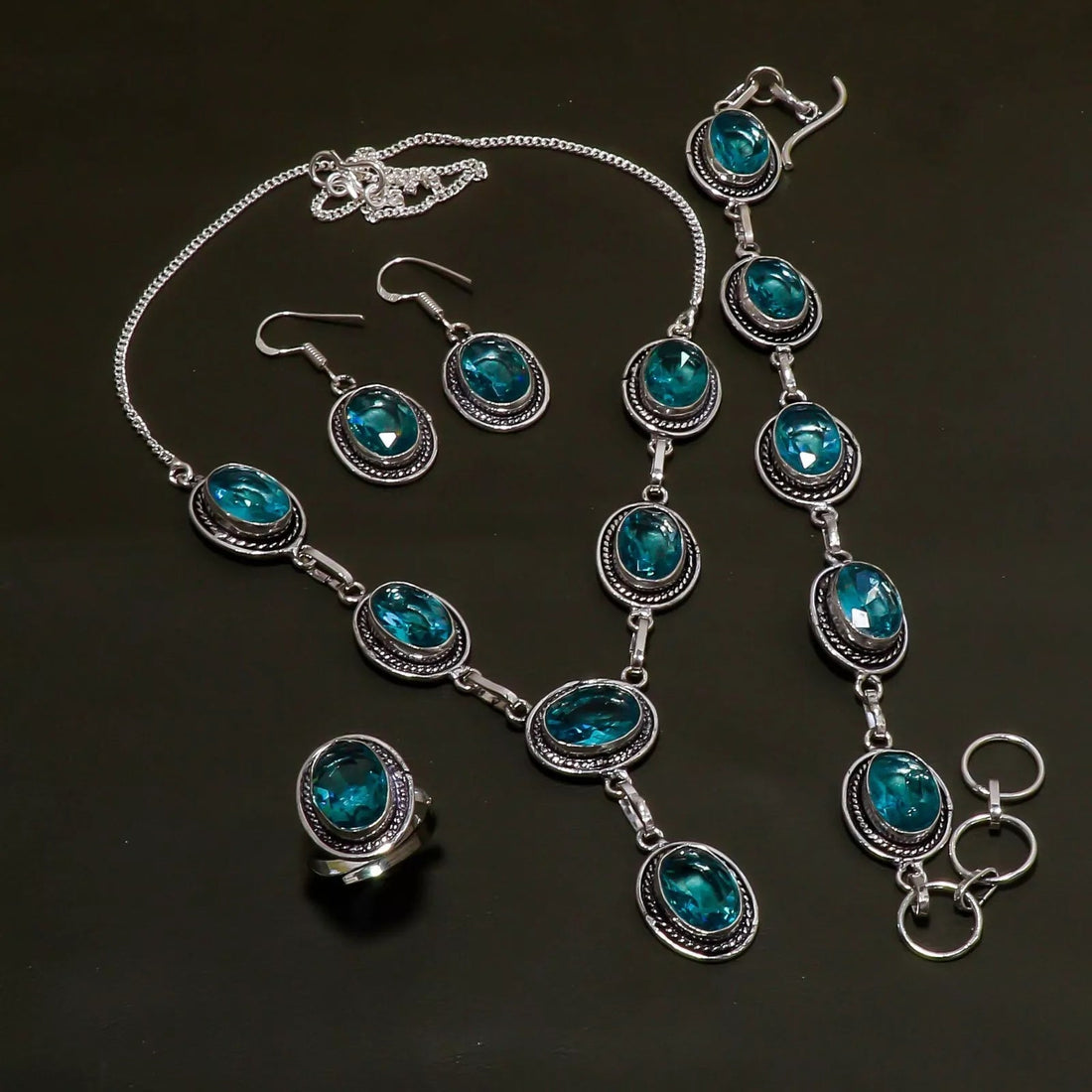 Swiss Blue Topaz Gemstone 925 Handmade Silver Jewelry Set – Lab Created - Prestige Stones