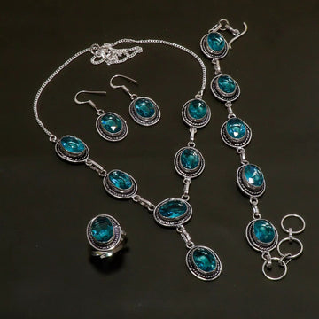 Swiss Blue Topaz Gemstone 925 Handmade Silver Jewelry Set – Lab Created - Prestige Stones