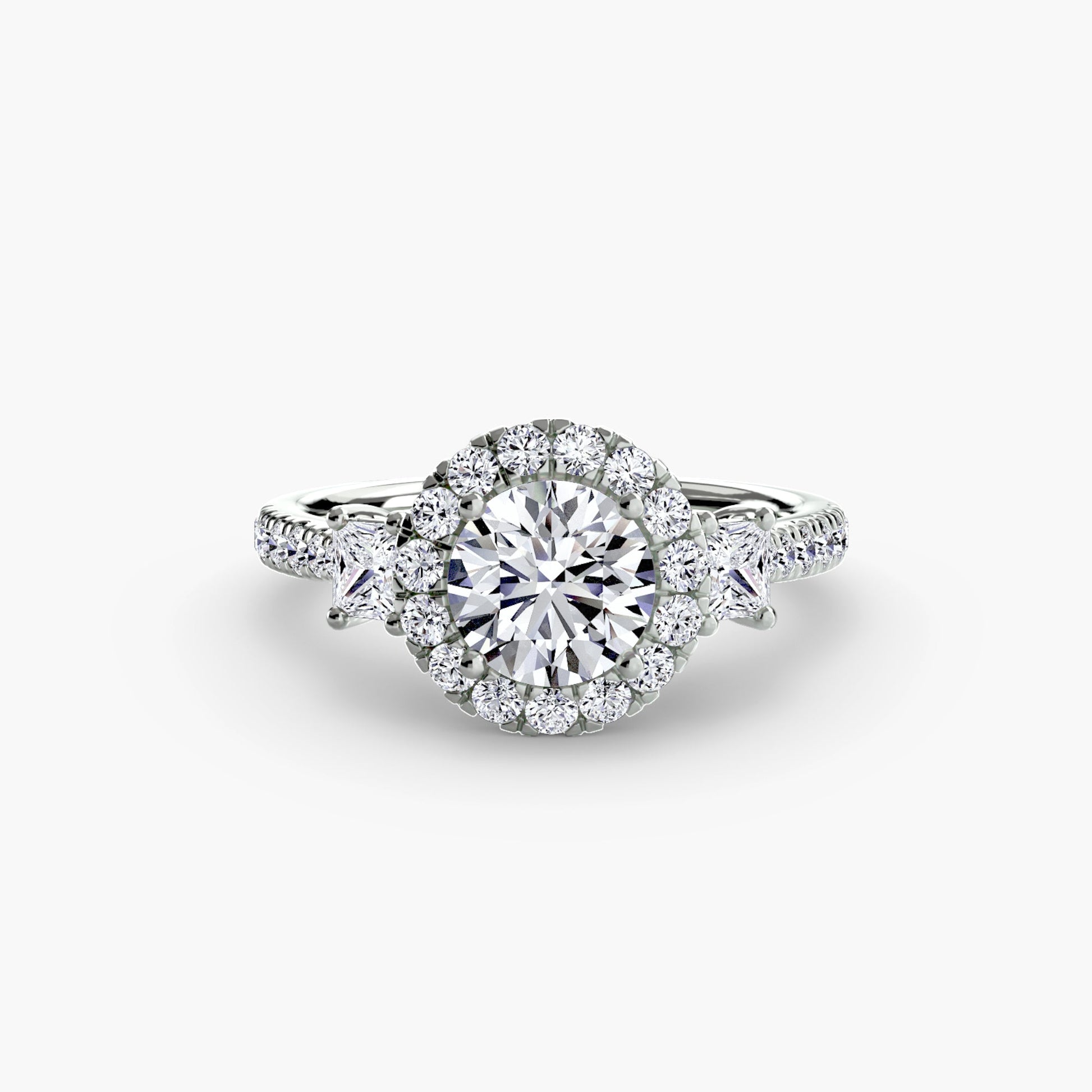 Three - Stone Ring with Halo 2 - Prestige Stones