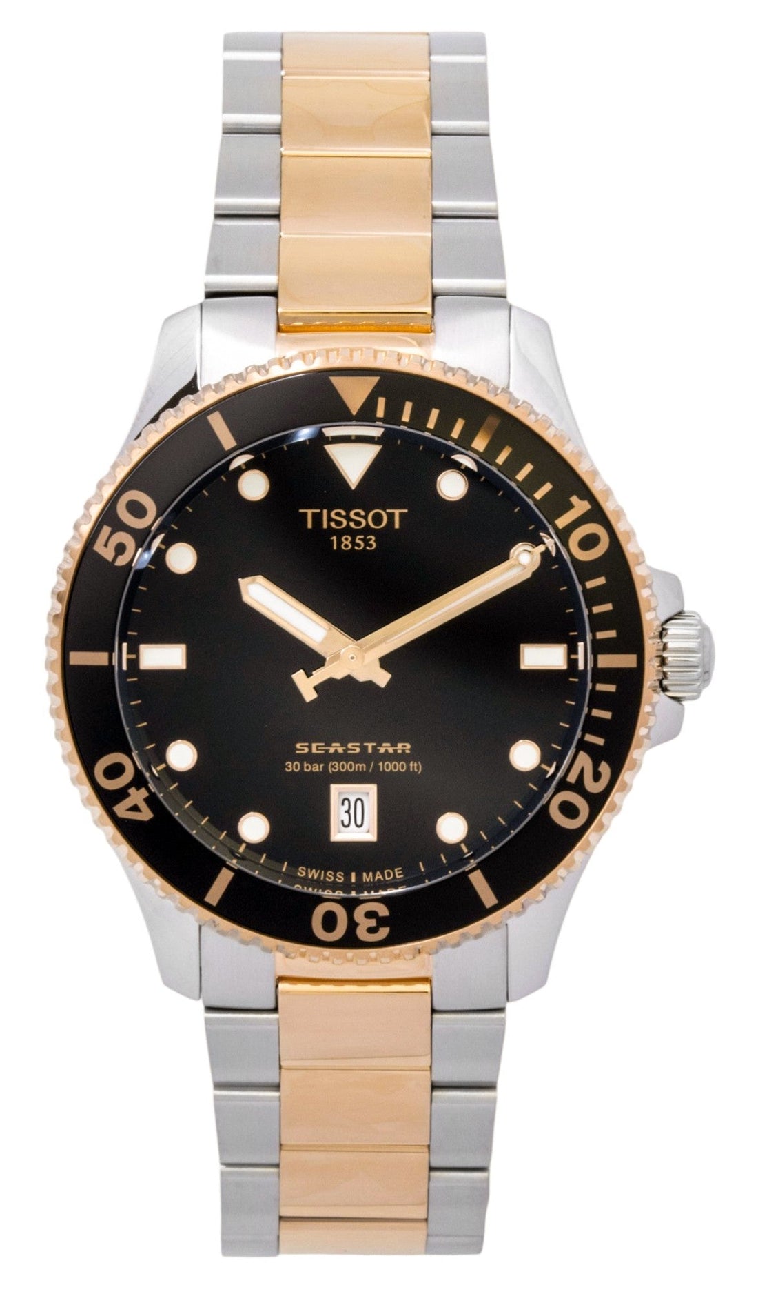 Tissot SeaStar 1000 Two Tone Stainless Steel Black Dial Quartz Diver's T120.410.22.051.01 300M Men's Watch - Prestige Stones