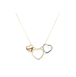 9ct yellow gold cubic zirconia triple hearts chain bracelet for ladies, 16–17 inch adjustable, fancy trace chain