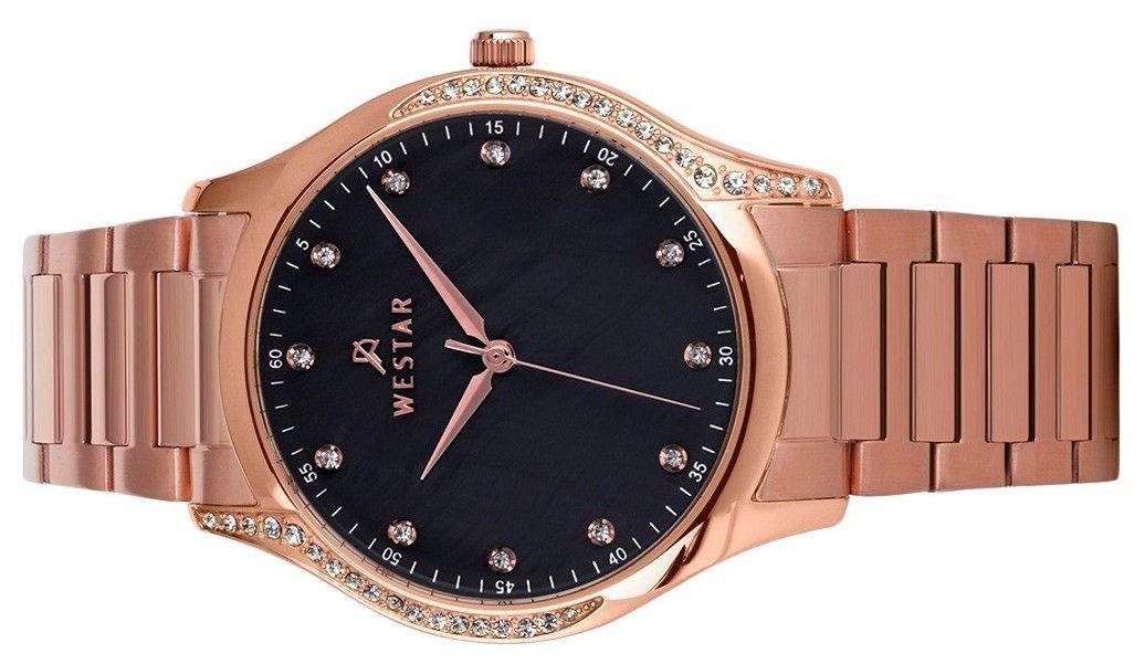 Westar Zing Crystal Accents Rose Gold Tone Stainless Steel Black Mother Of Pearl Dial Quartz 00127PPN613 Women's Watch - Prestige Stones