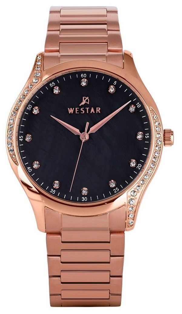 Westar Zing Crystal Accents Rose Gold Tone Stainless Steel Black Mother Of Pearl Dial Quartz 00127PPN613 Women's Watch - Prestige Stones