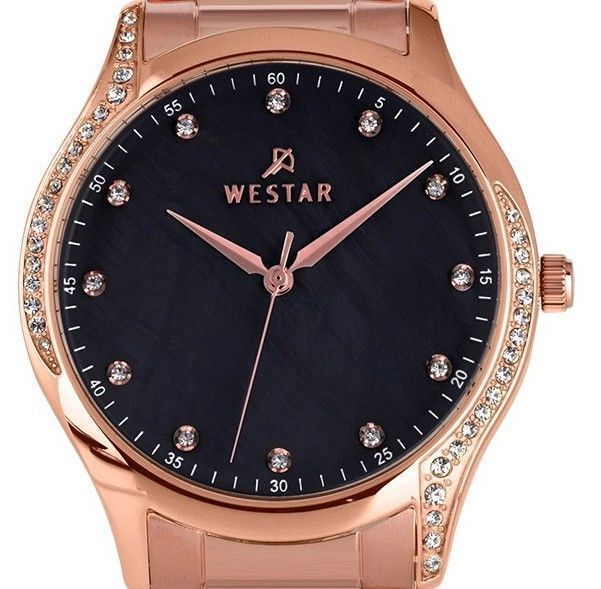 Westar Zing Crystal Accents Rose Gold Tone Stainless Steel Black Mother Of Pearl Dial Quartz 00127PPN613 Women's Watch - Prestige Stones