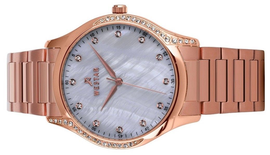 Westar Zing Crystal Accents Rose Gold Tone Stainless Steel White Mother Of Pearl Dial Quartz 00127PPN611 Women's Watch - Prestige Stones