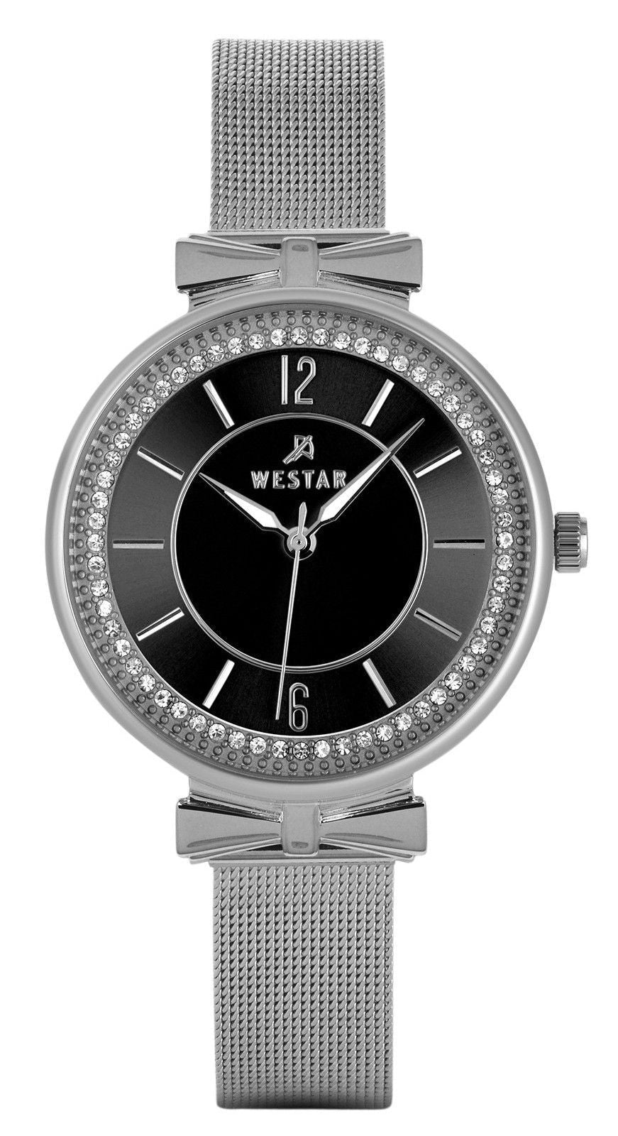 Westar Zing Crystal Accents Stainless Steel Mesh Bracelet Black Dial Quartz 00130STN103 Women's Watch - Prestige Stones
