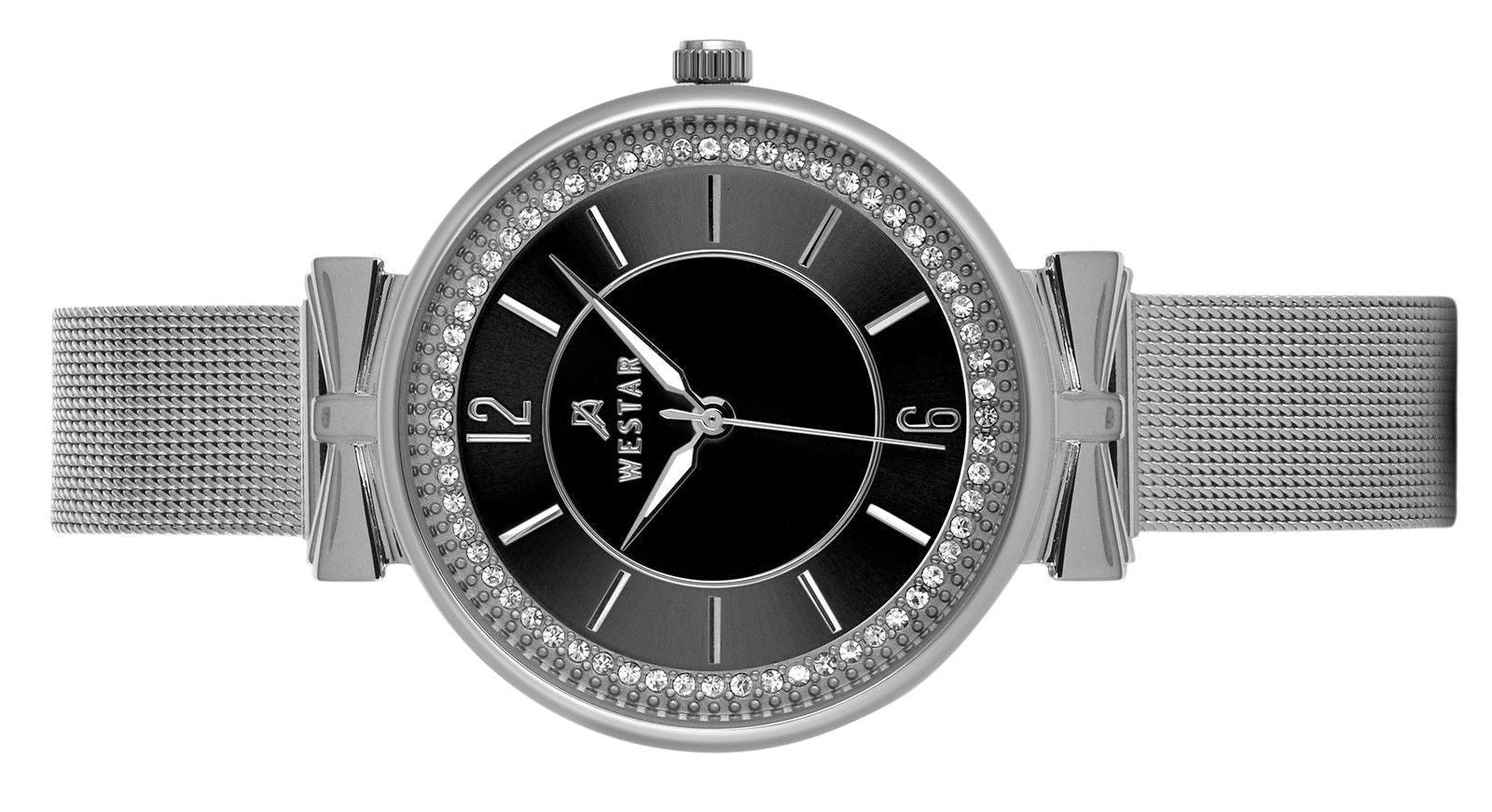 Westar Zing Crystal Accents Stainless Steel Mesh Bracelet Black Dial Quartz 00130STN103 Women's Watch - Prestige Stones