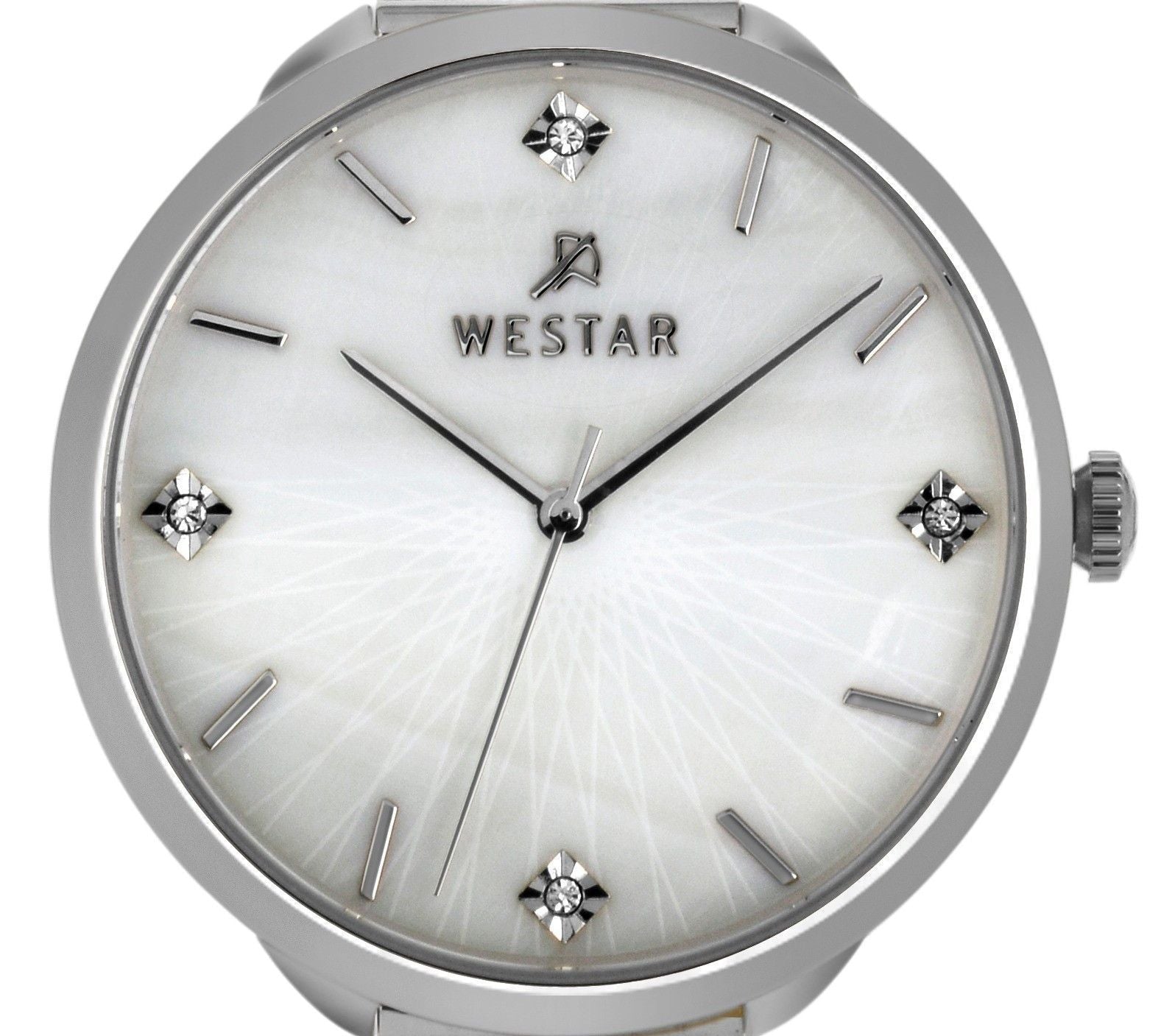 Westar Zing Crystal Accents Stainless Steel Mesh White Mother Of Pearl Dial Quartz 00128STN11 Women's Watch - Prestige Stones
