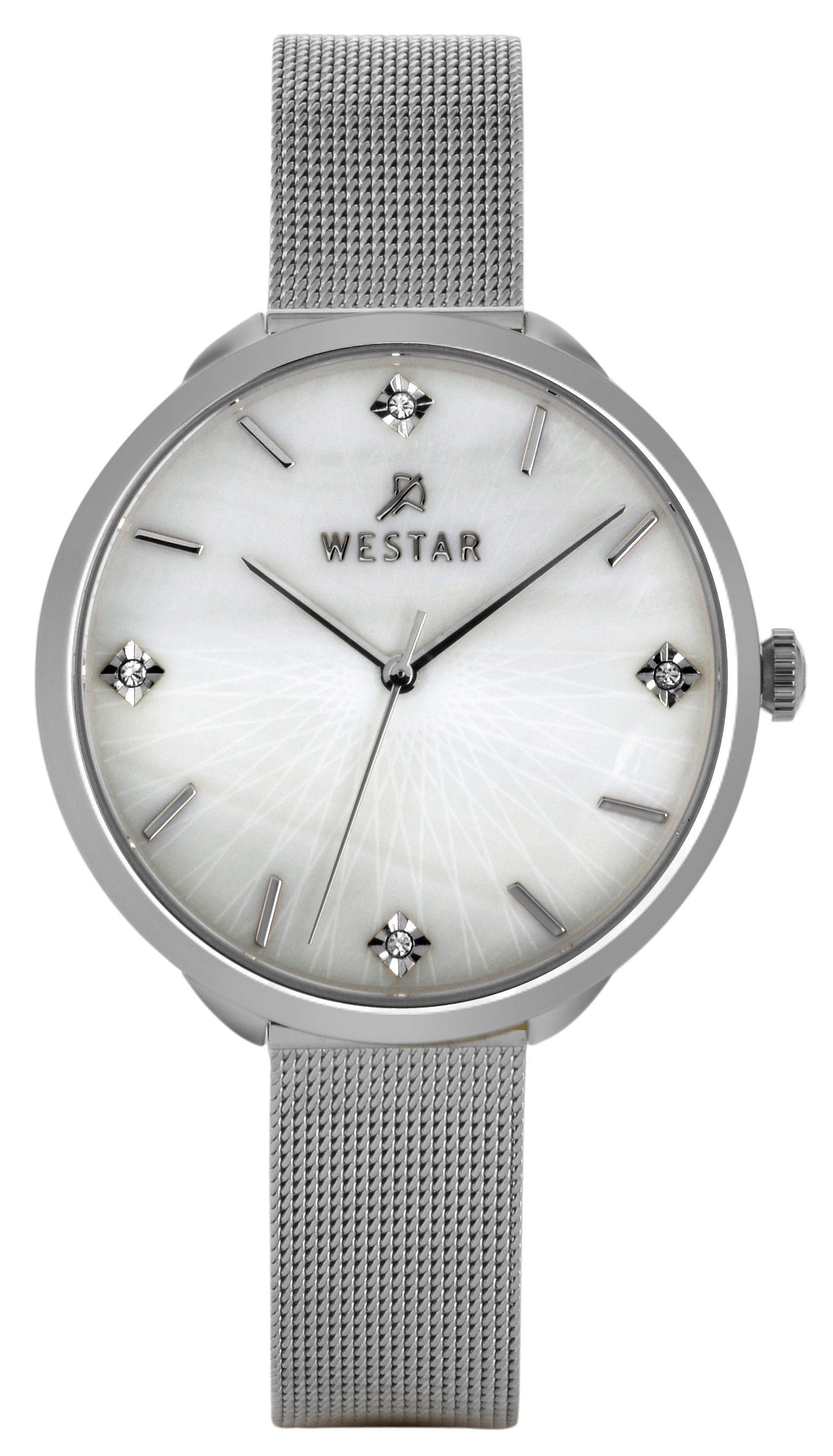 Westar Zing Crystal Accents Stainless Steel Mesh White Mother Of Pearl Dial Quartz 00128STN11 Women's Watch - Prestige Stones