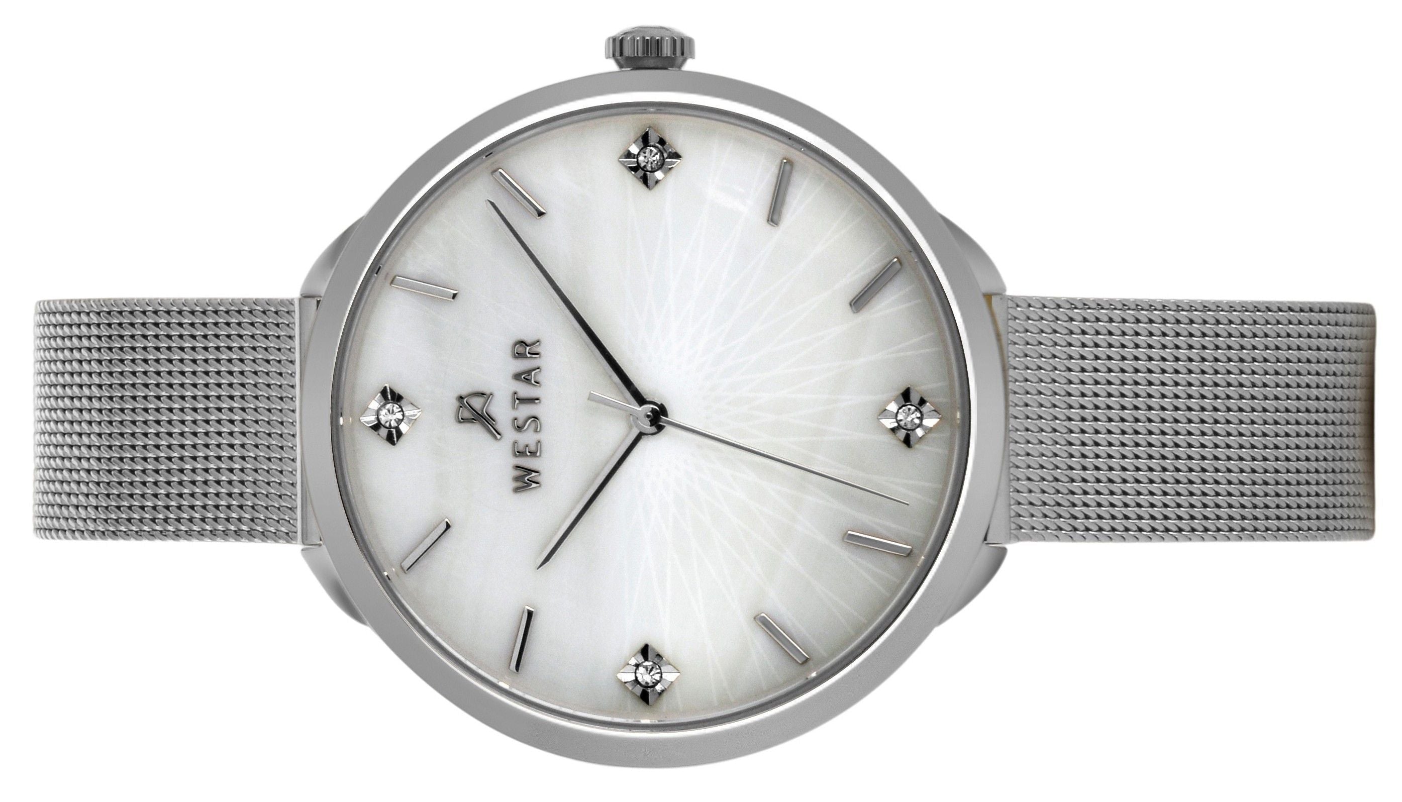 Westar Zing Crystal Accents Stainless Steel Mesh White Mother Of Pearl Dial Quartz 00128STN11 Women's Watch - Prestige Stones