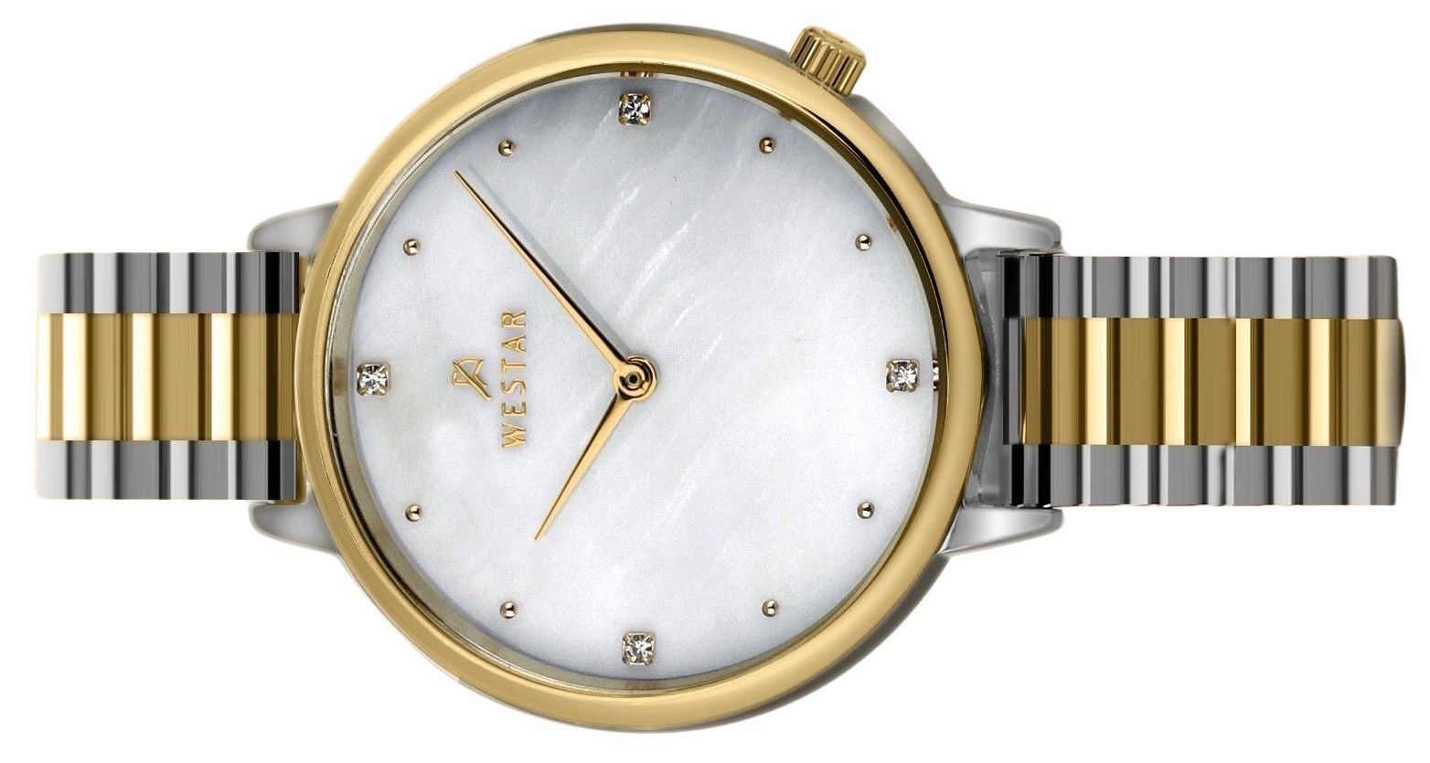 Westar Zing Crystal Accents Two Tone Stainless Steel White Mother Of Pearl Dial Quartz 00135CBN111 Women's Watch - Prestige Stones