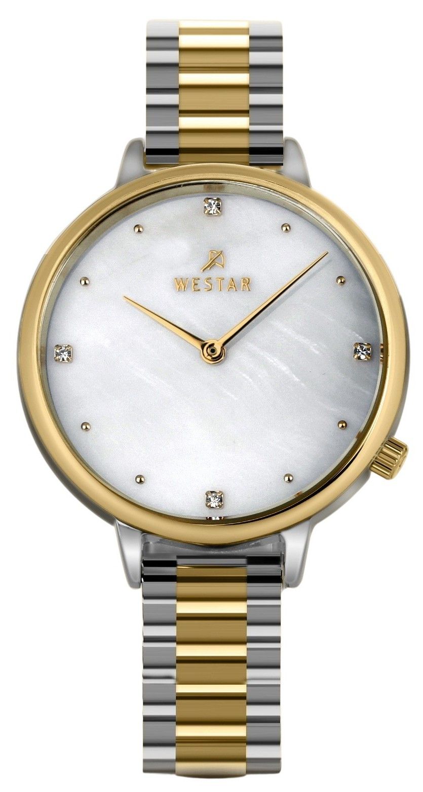 Westar Zing Crystal Accents Two Tone Stainless Steel White Mother Of Pearl Dial Quartz 00135CBN111 Women's Watch - Prestige Stones