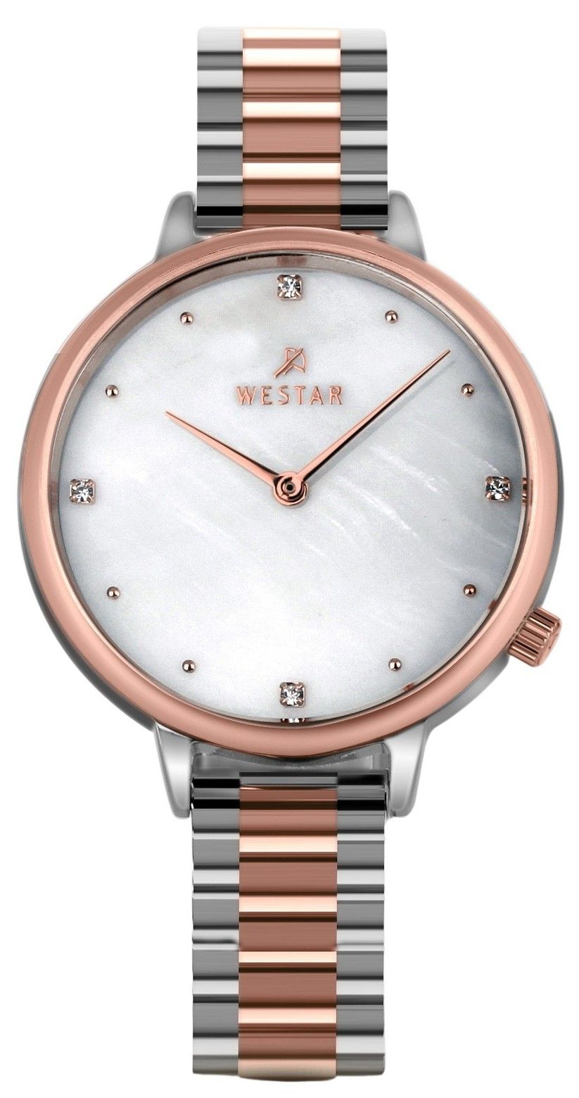 Westar Zing Crystal Accents Two Tone Stainless Steel White Mother Of Pearl Dial Quartz 00135SPN611 Women's Watch - Prestige Stones