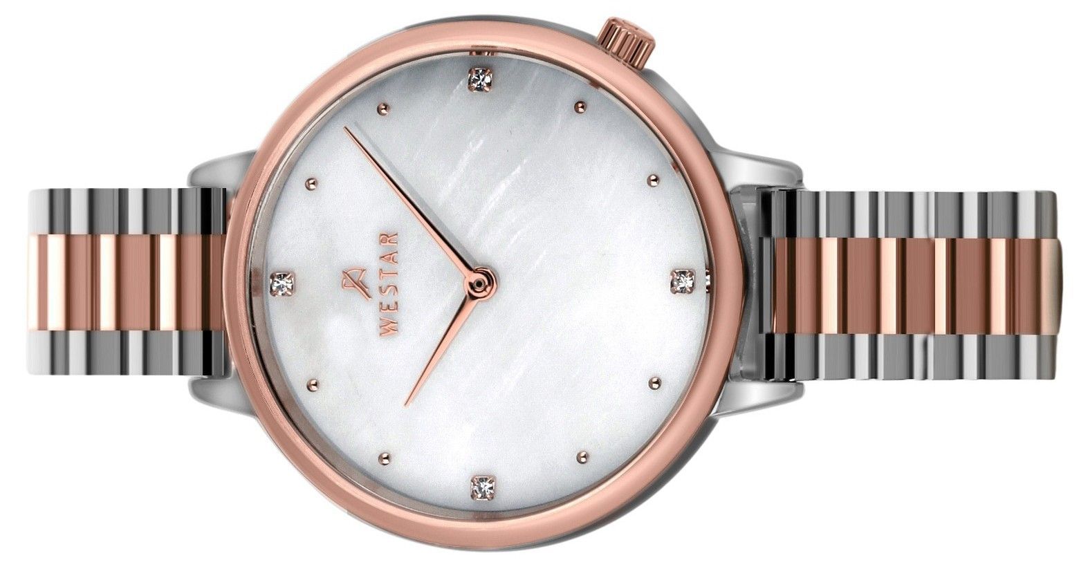Westar Zing Crystal Accents Two Tone Stainless Steel White Mother Of Pearl Dial Quartz 00135SPN611 Women's Watch - Prestige Stones