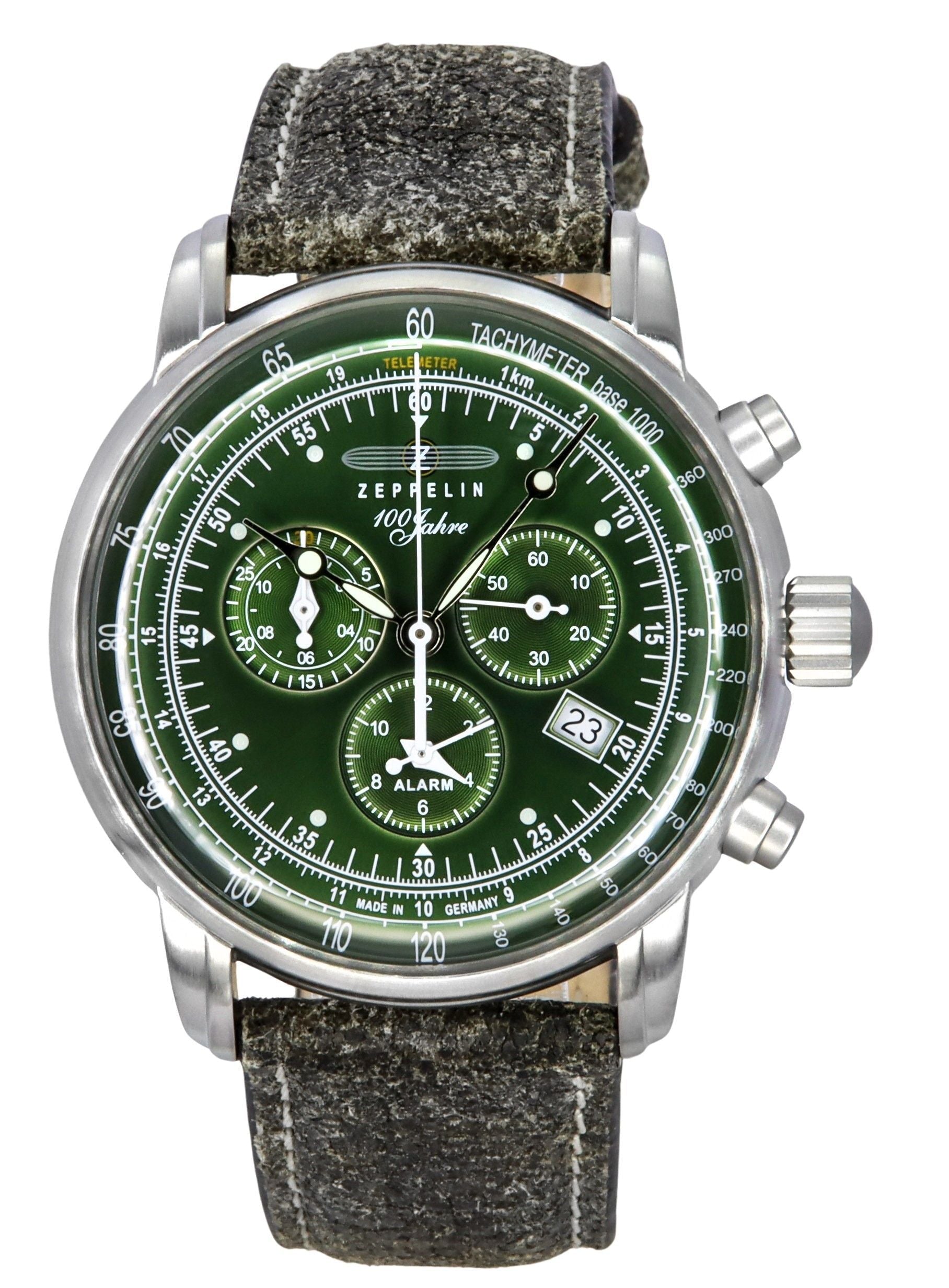 Zeppelin 100 Jahre Chronograph Leather Strap Green Dial Quartz 86804 Men's Watch - Prestige Stones