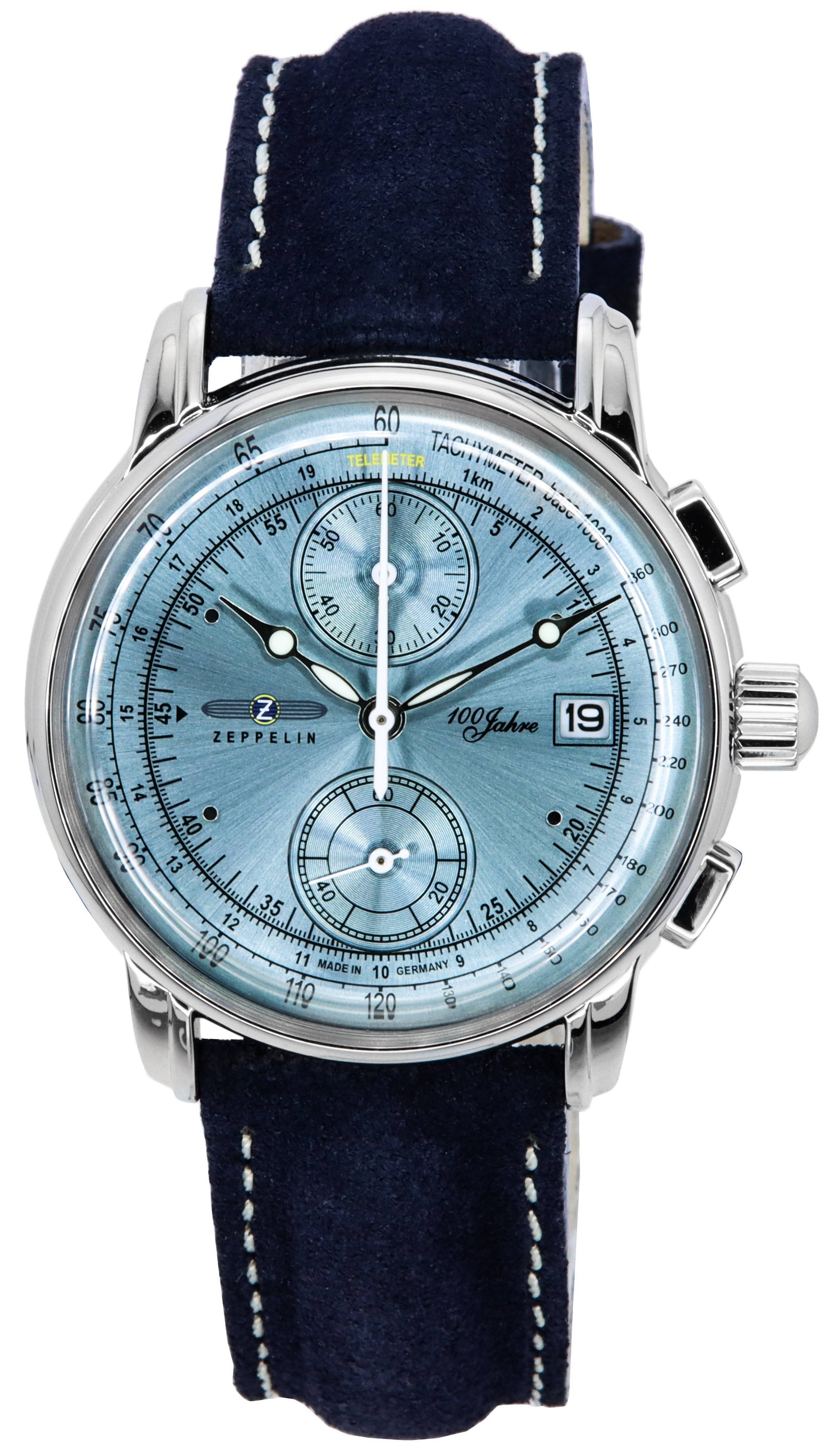 Zeppelin 100 Jahre Chronograph Leather Strap Ice Blue Dial Quartz 86704 Men's Watch - Prestige Stones