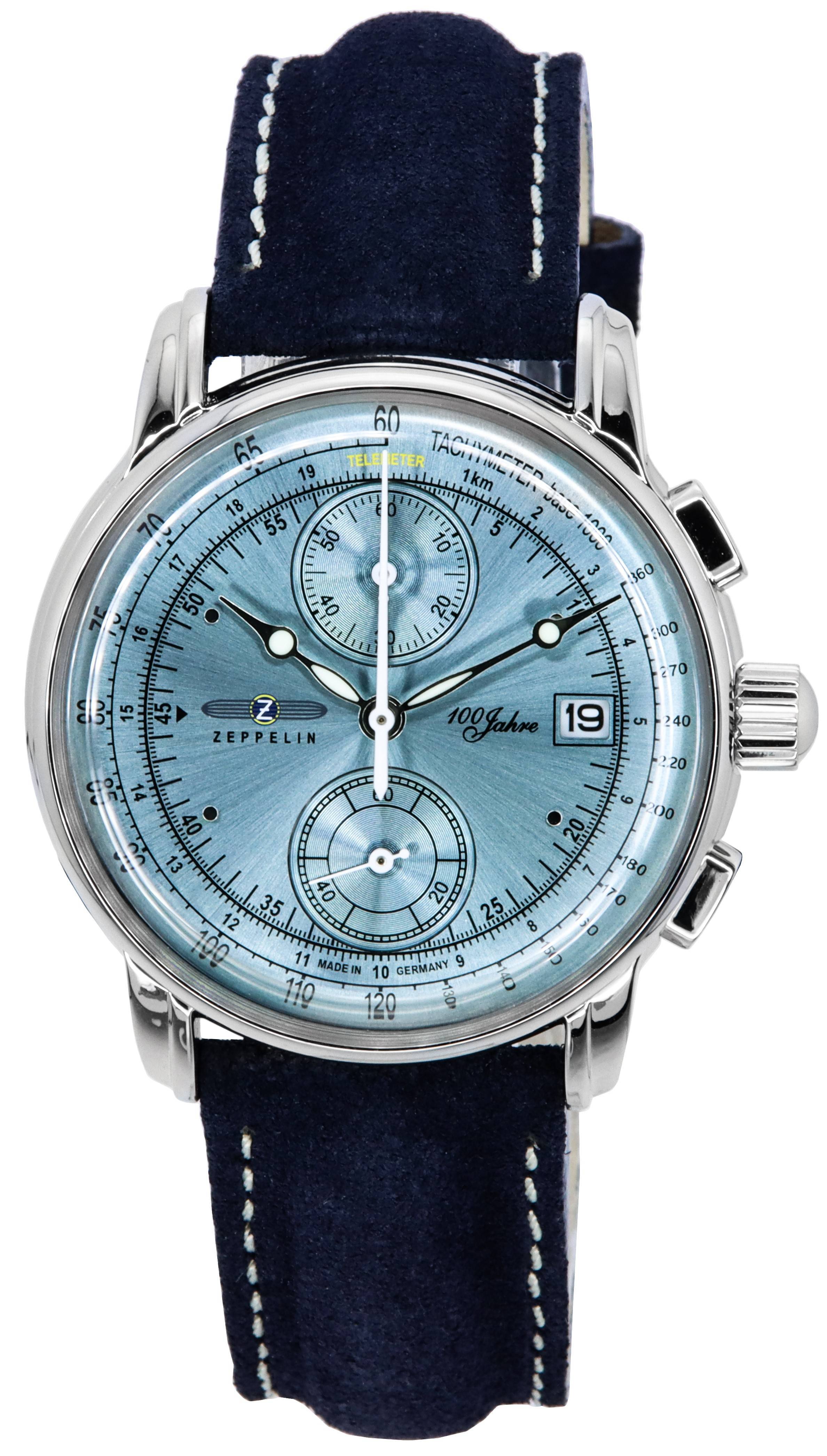 Zeppelin 100 Jahre Chronograph Leather Strap Ice Blue Dial Quartz 86704 Men's Watch - Prestige Stones