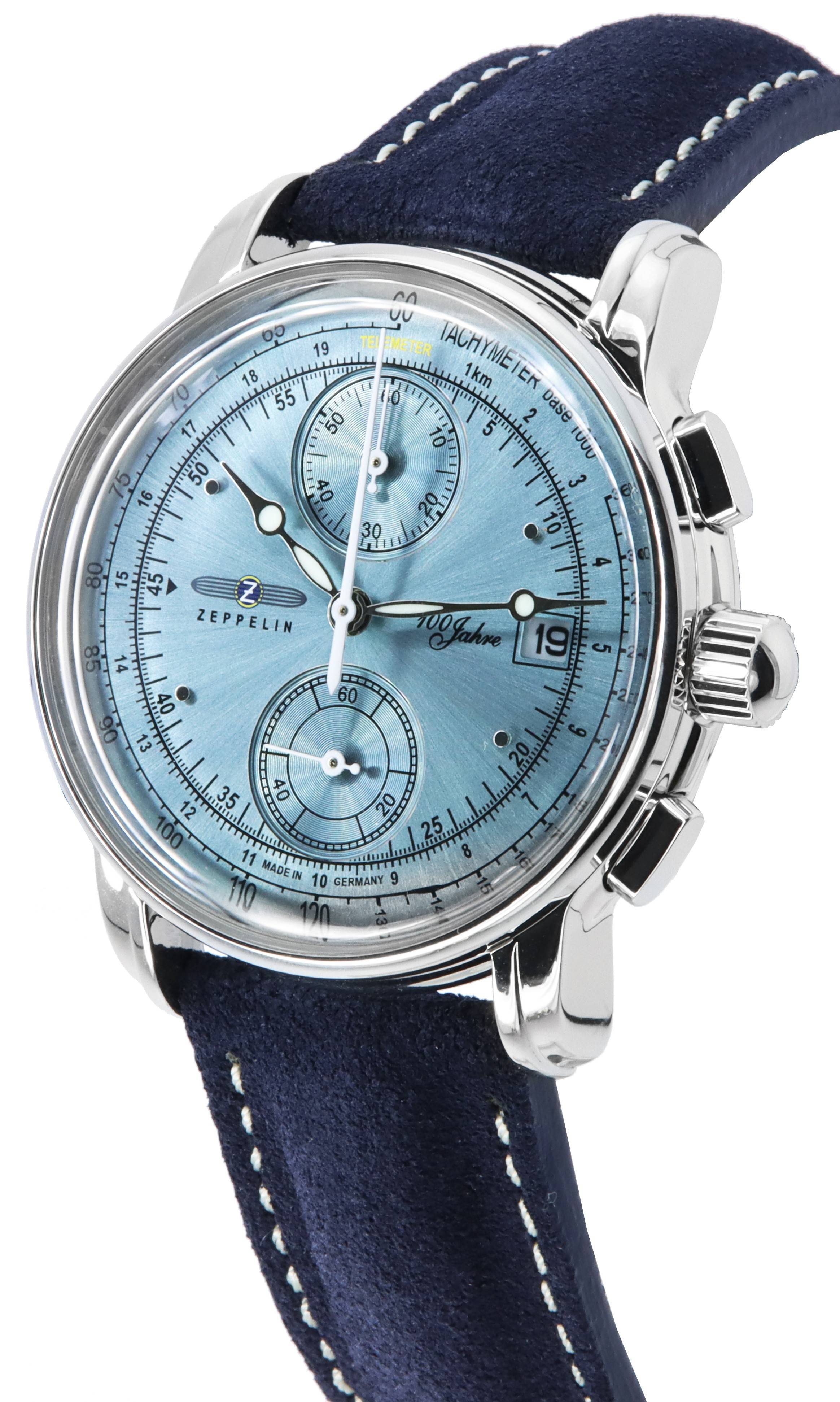 Zeppelin 100 Jahre Chronograph Leather Strap Ice Blue Dial Quartz 86704 Men's Watch - Prestige Stones