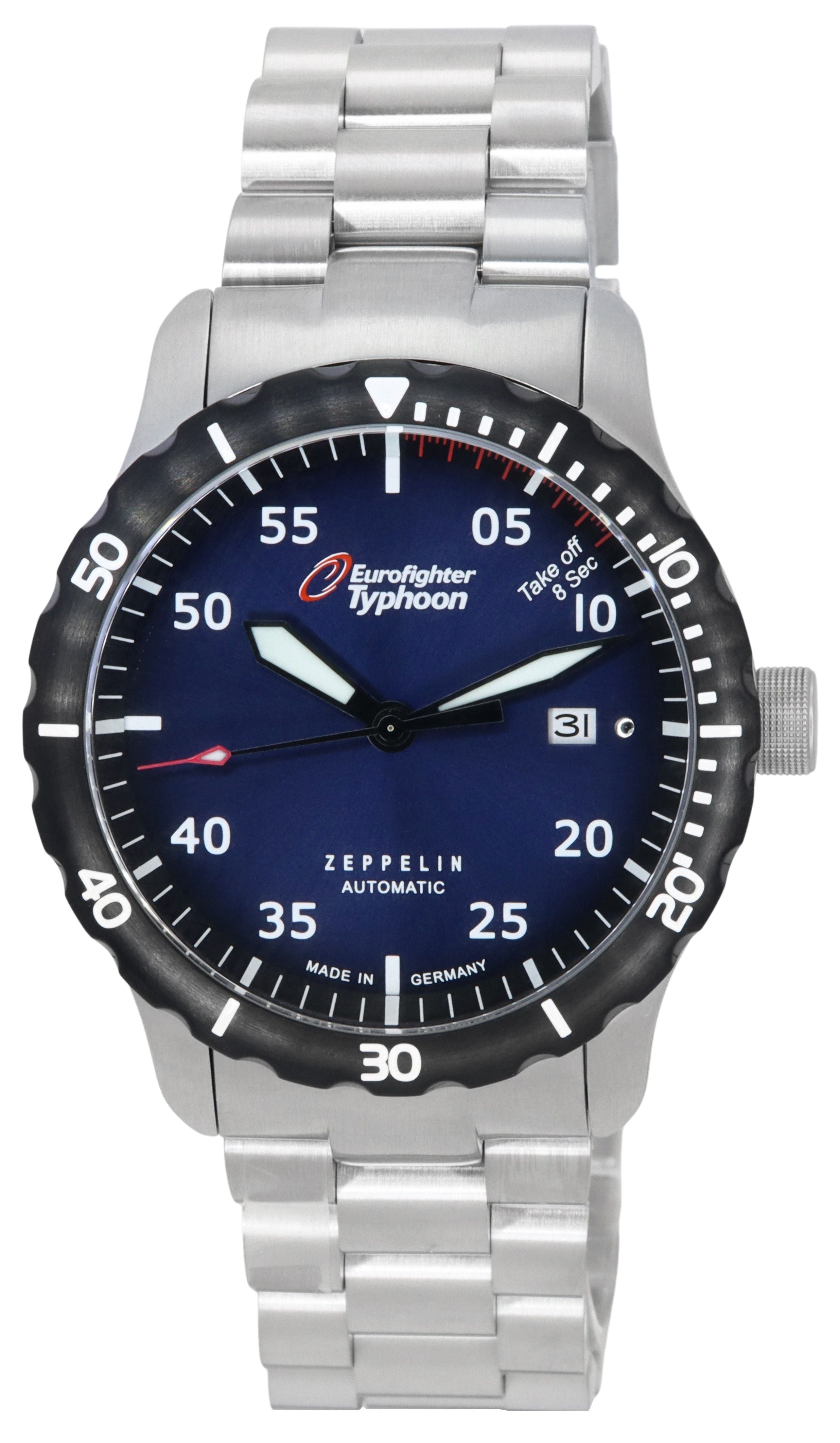 Zeppelin Eurofighter Typhoon Stainless Steel Blue Dial Automatic Diver's 7268M3set 200M Men's Watch With Extra Strap - Prestige Stones