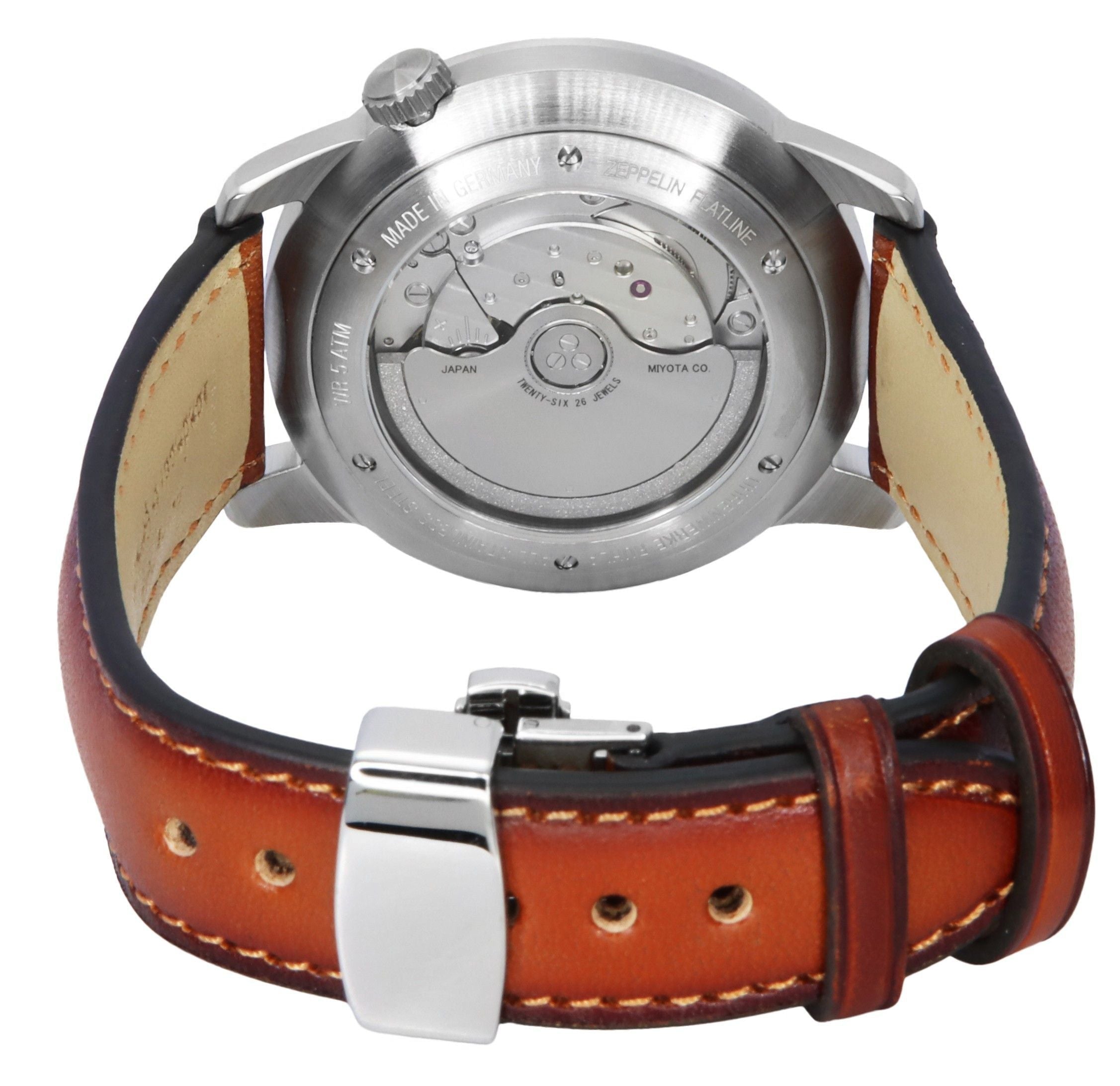 Zeppelin Flatline Brown Leather Strap Dark Green Dial Automatic 83664 Men's Watch - Prestige Stones