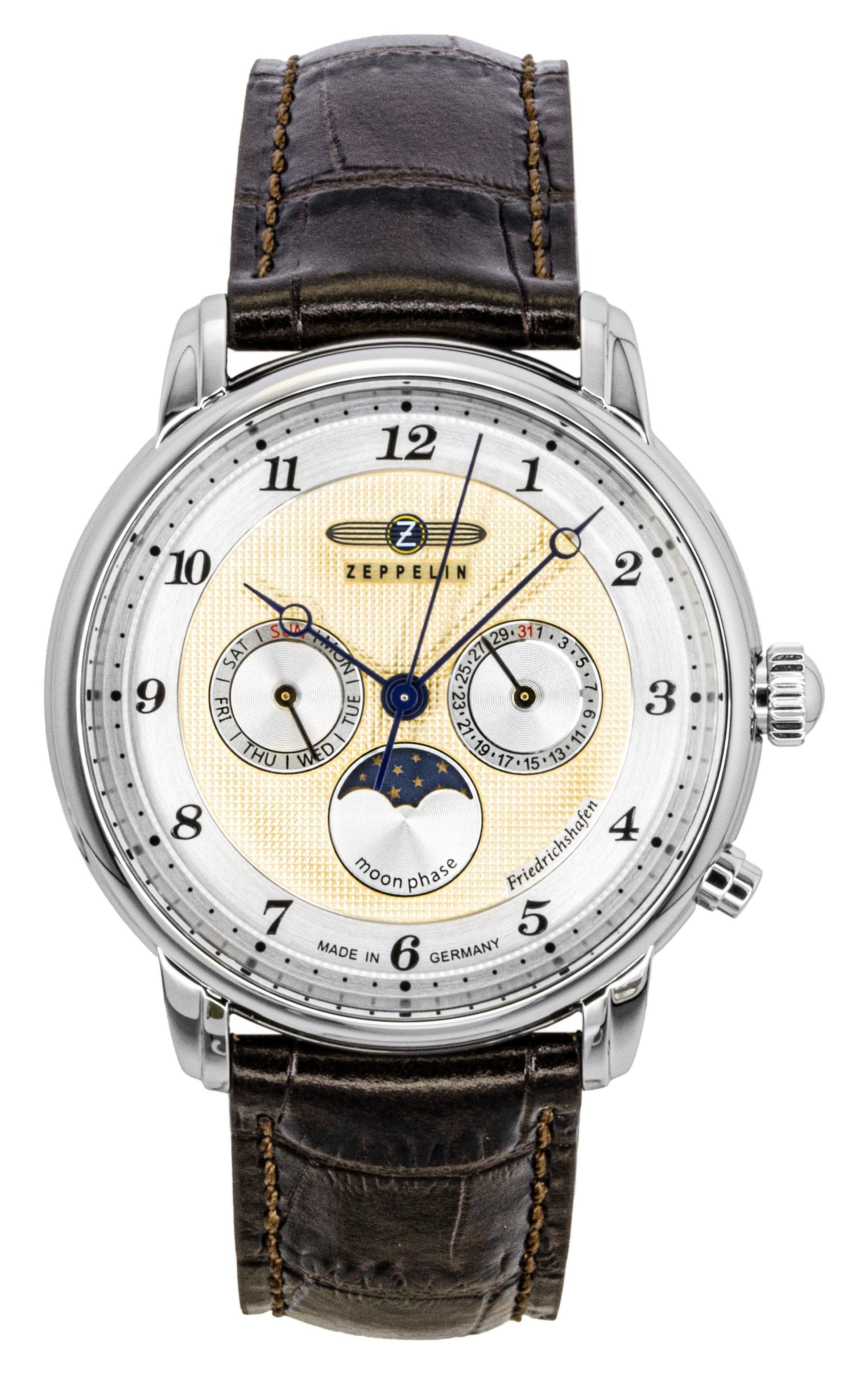 Zeppelin Friedrichshafen Brown Leather Strap Gold Dial Quartz 85365 Men's Watch - Prestige Stones