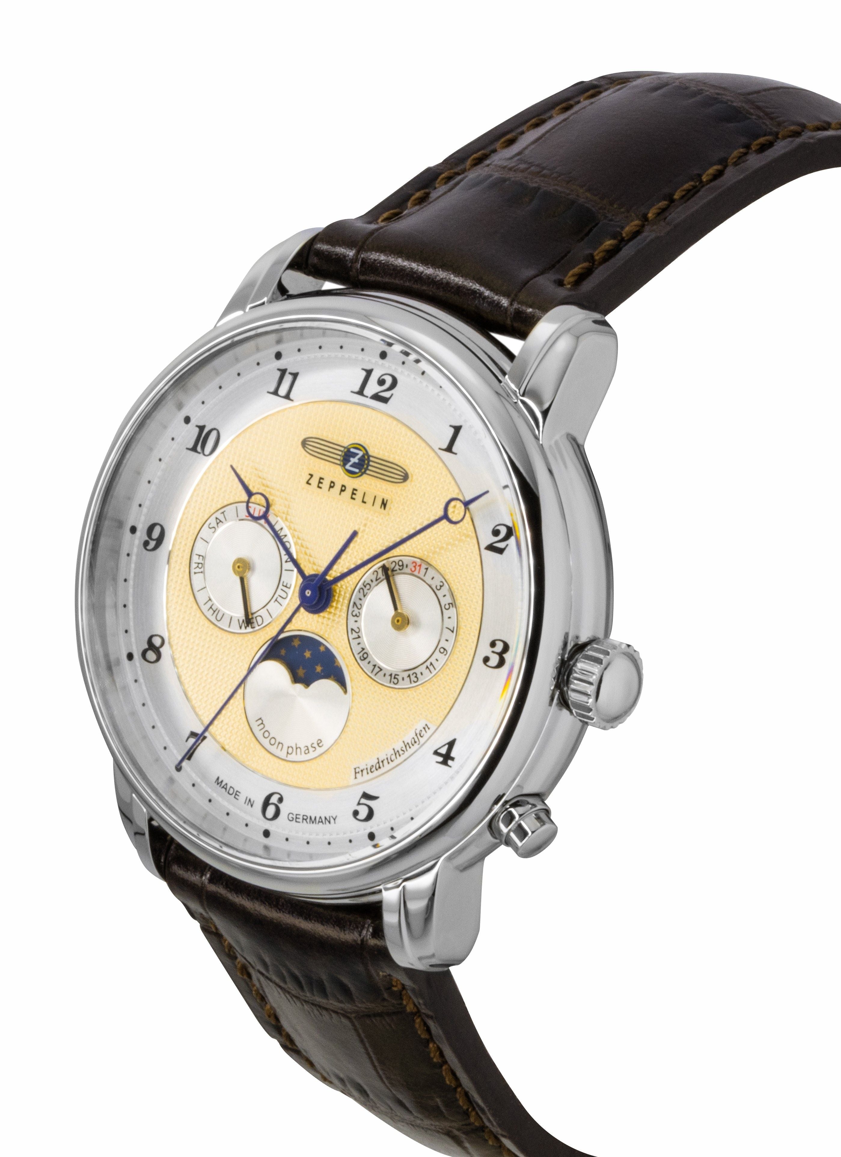 Zeppelin Friedrichshafen Brown Leather Strap Gold Dial Quartz 85365 Men's Watch - Prestige Stones