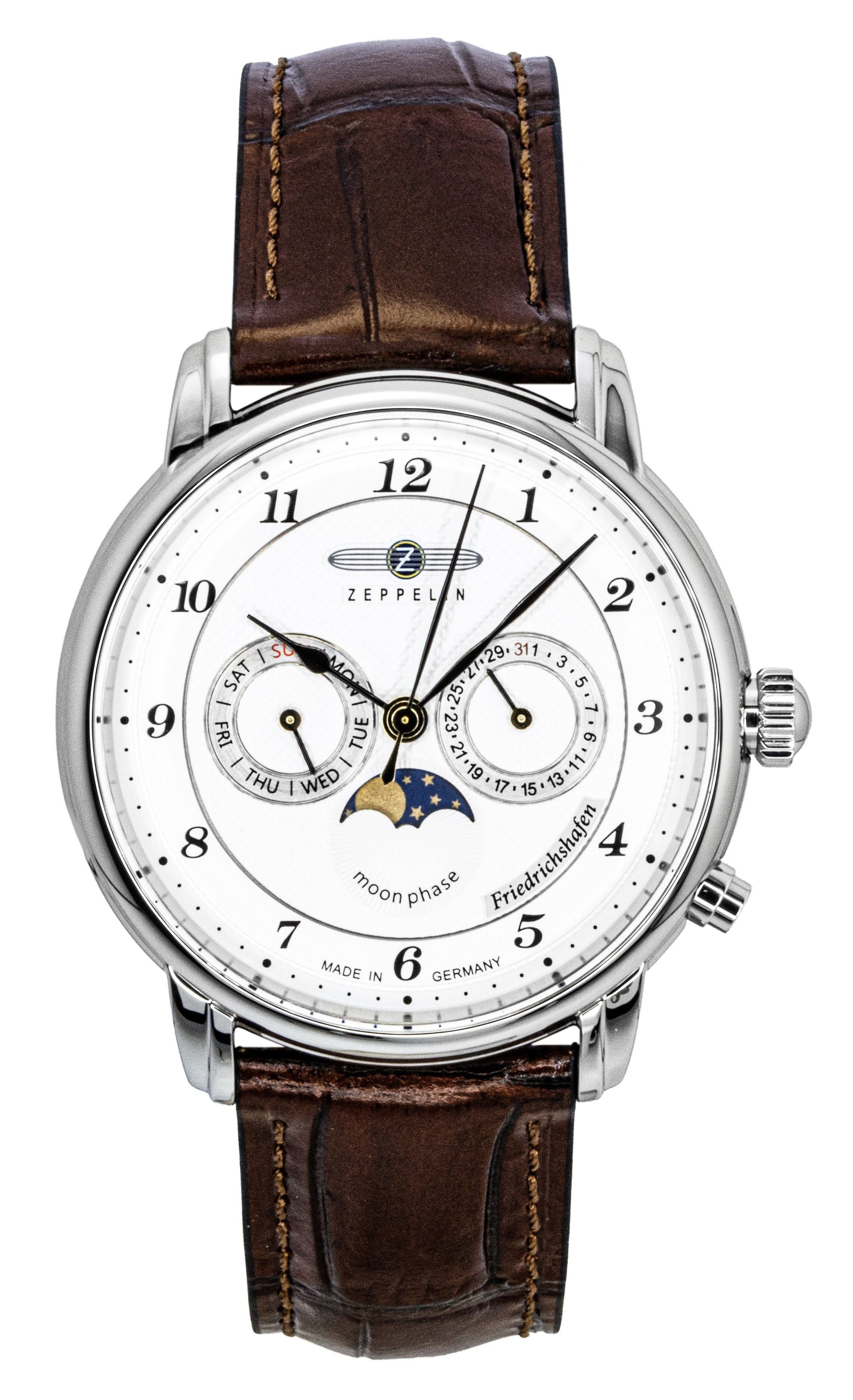 Zeppelin Friedrichshafen Brown Leather Strap White Dial Quartz 85361 Men's Watch - Prestige Stones