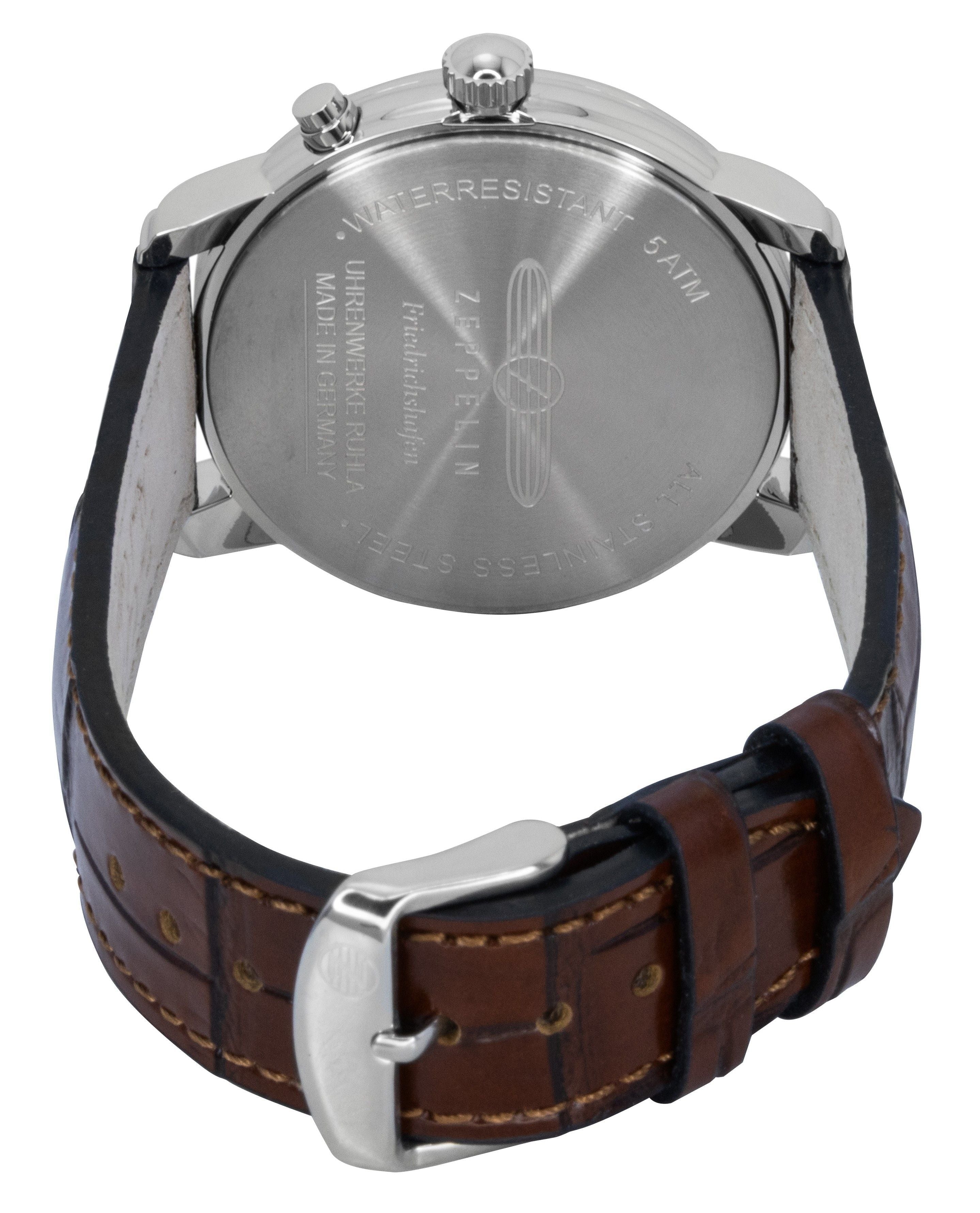 Zeppelin Friedrichshafen Brown Leather Strap White Dial Quartz 85361 Men's Watch - Prestige Stones