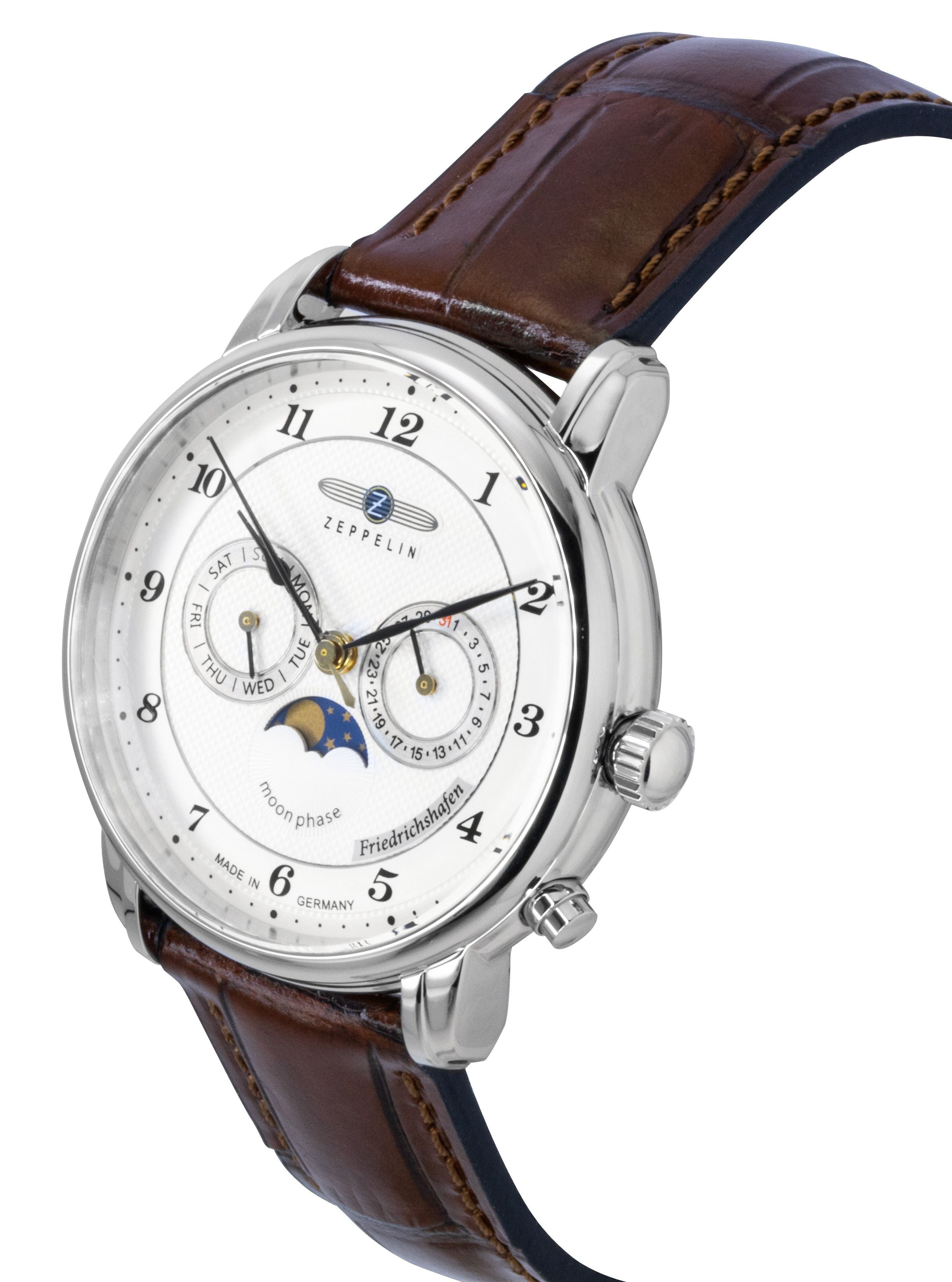 Zeppelin Friedrichshafen Brown Leather Strap White Dial Quartz 85361 Men's Watch - Prestige Stones