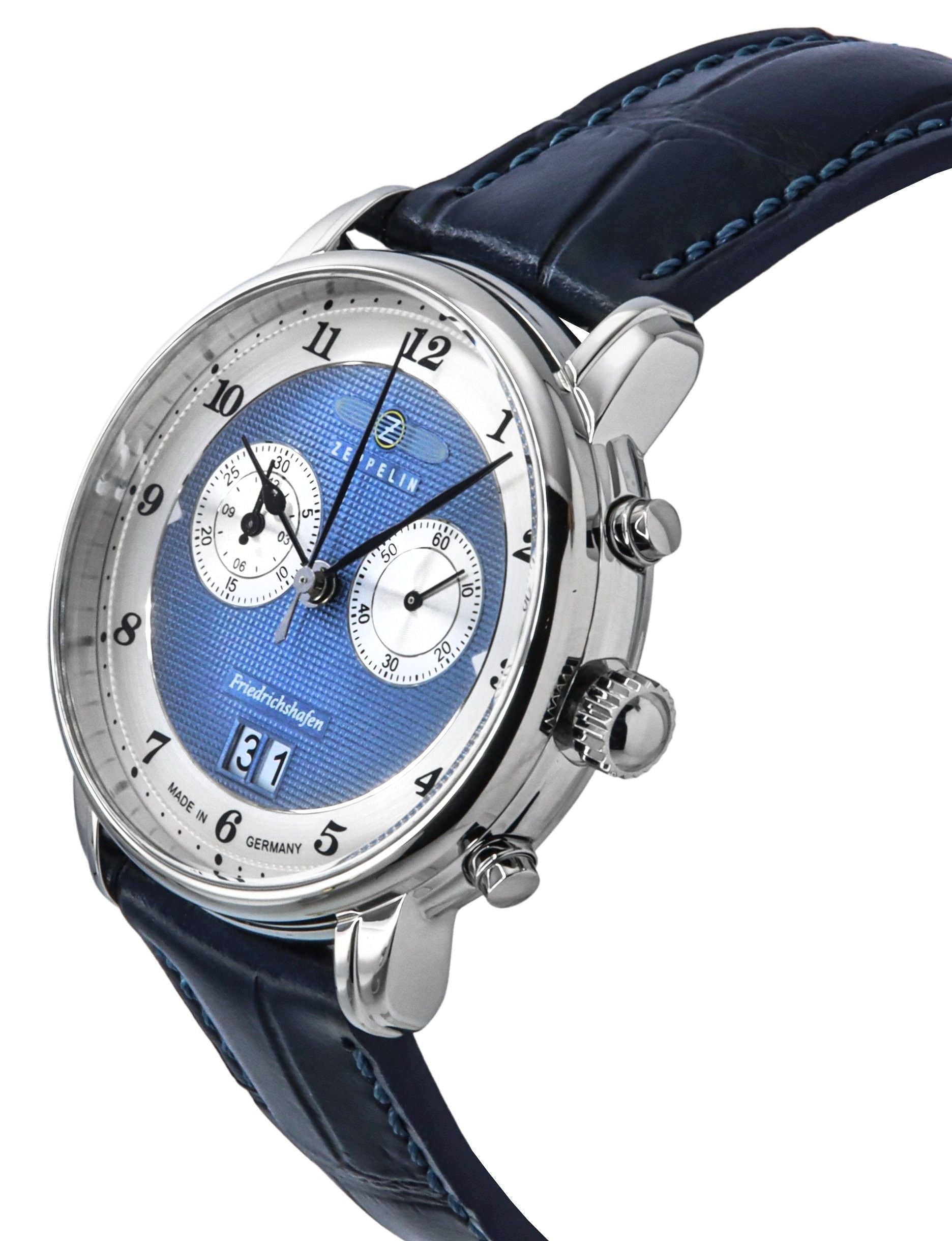 Zeppelin Friedrichshafen Chronograph Leather Strap Blue Dial Quartz 85843 Men's Watch - Prestige Stones