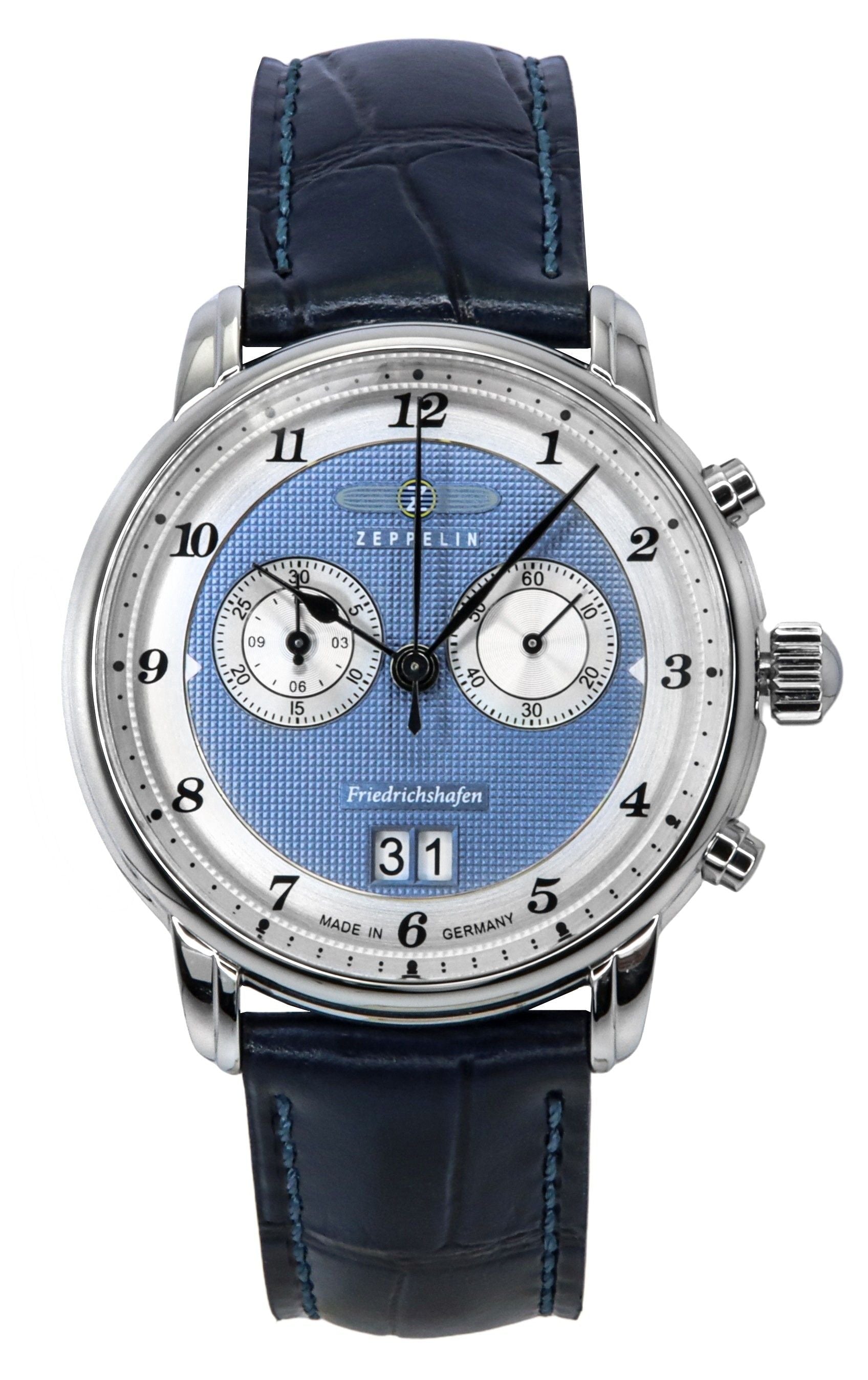 Zeppelin Friedrichshafen Chronograph Leather Strap Blue Dial Quartz 85843 Men's Watch - Prestige Stones