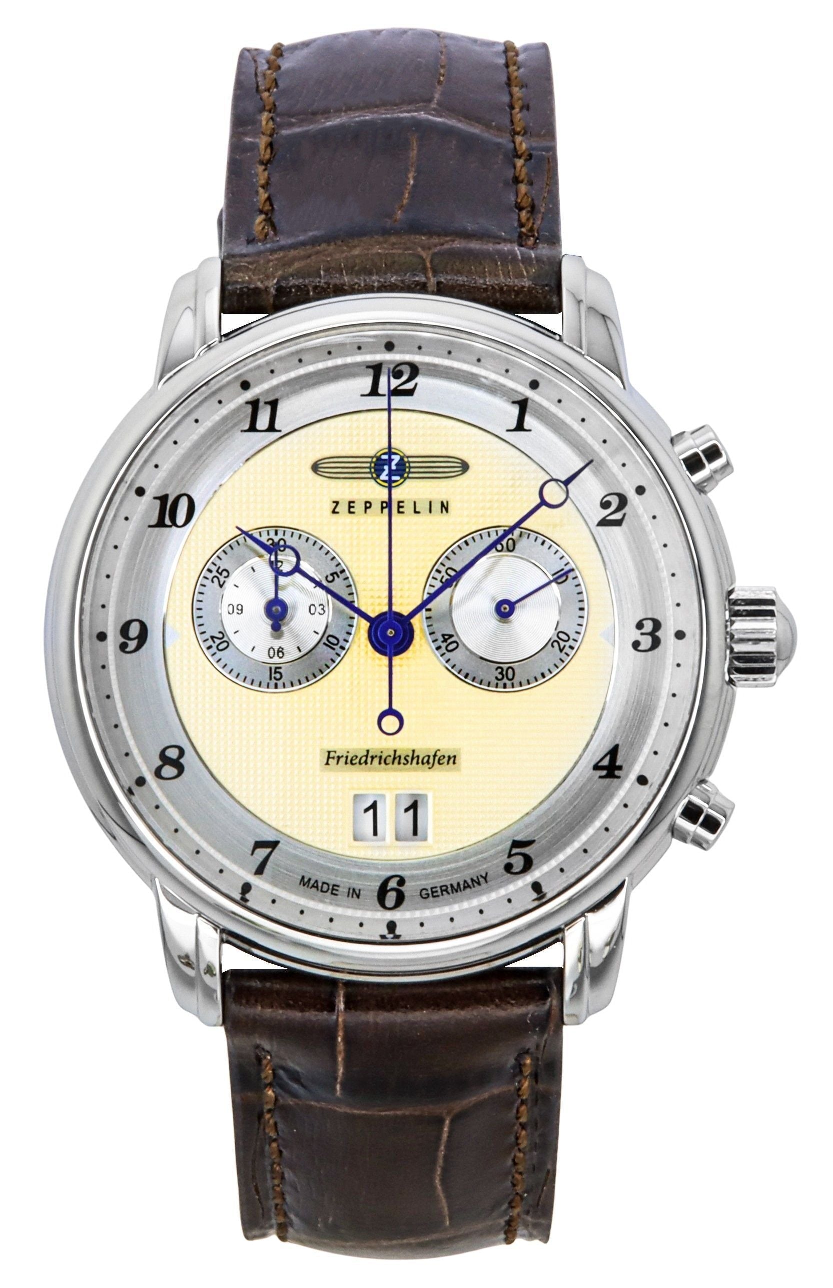 Zeppelin Friedrichshafen Chronograph Leather Strap Gold Dial Quartz 85845 Men's Watch - Prestige Stones