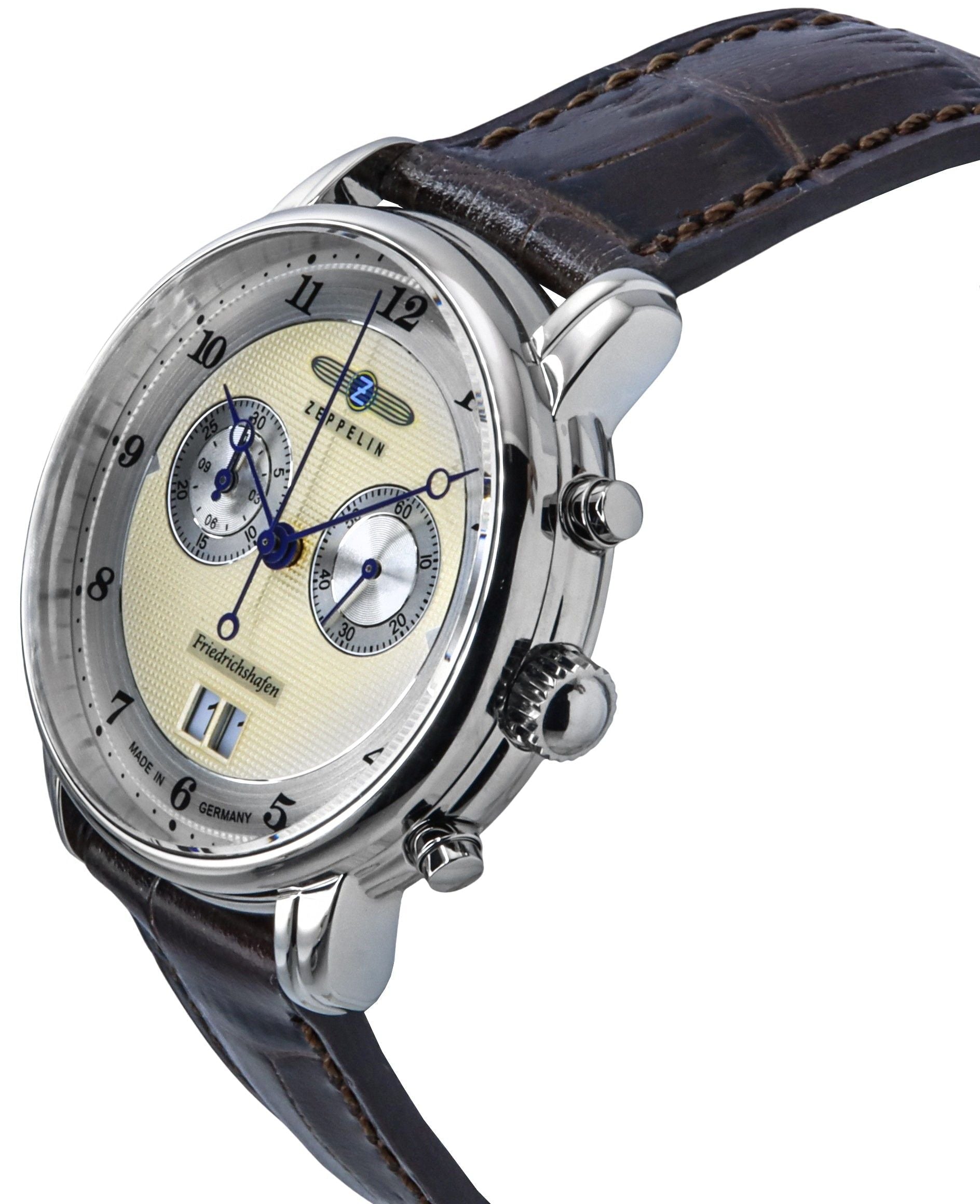 Zeppelin Friedrichshafen Chronograph Leather Strap Gold Dial Quartz 85845 Men's Watch - Prestige Stones