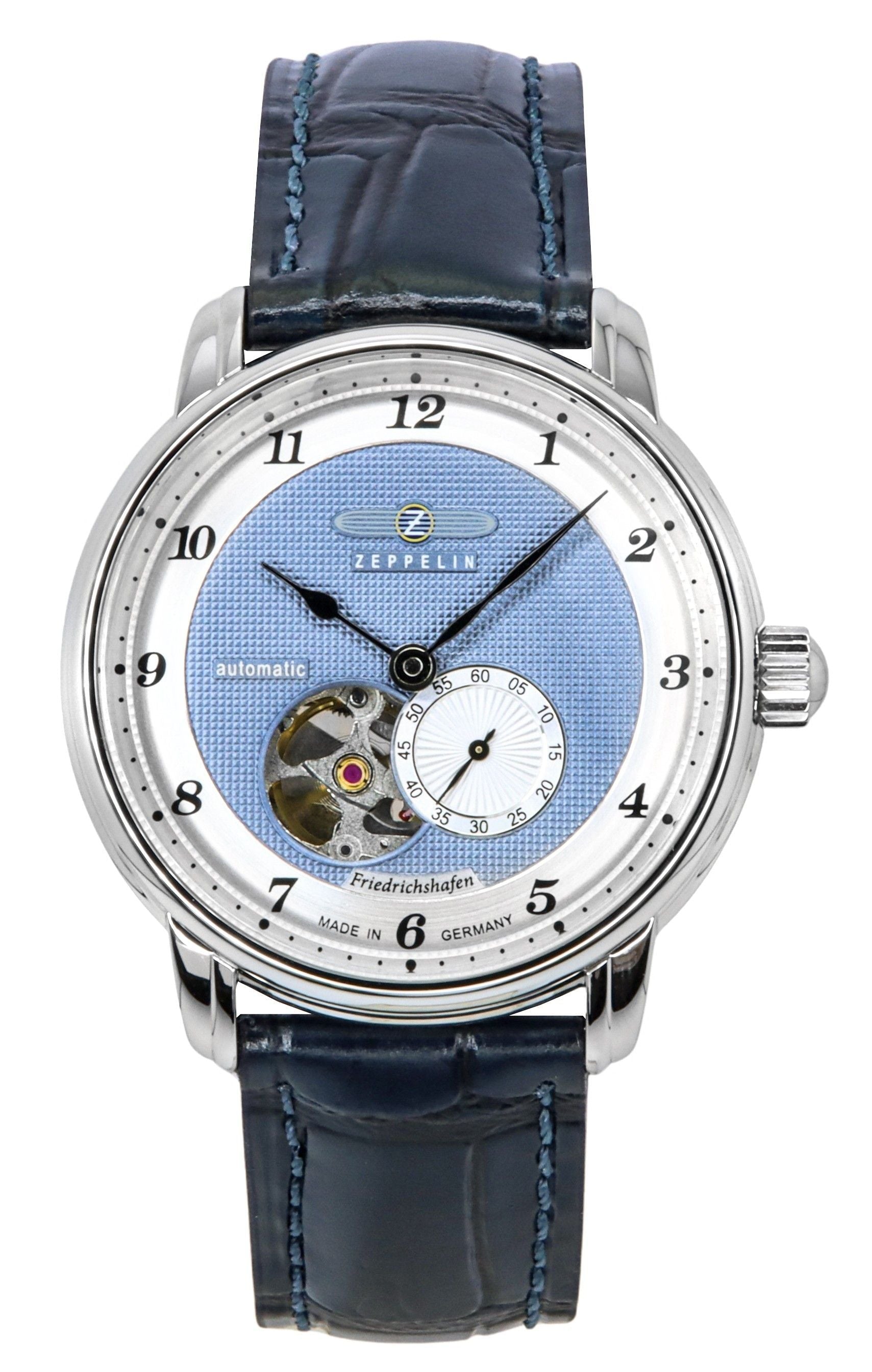 Zeppelin Friedrichshafen Leather Strap Blue Open Heart Dial Automatic 85663 Men's Watch - Prestige Stones