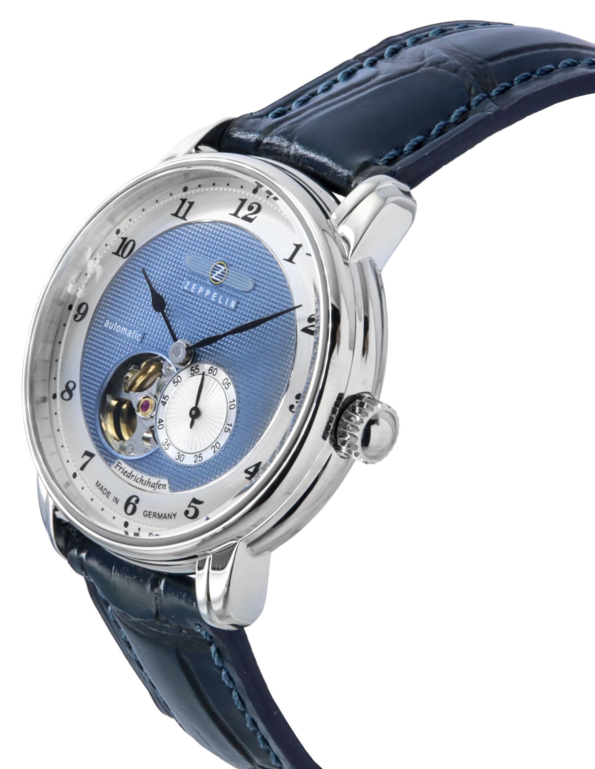 Zeppelin Friedrichshafen Leather Strap Blue Open Heart Dial Automatic 85663 Men's Watch - Prestige Stones