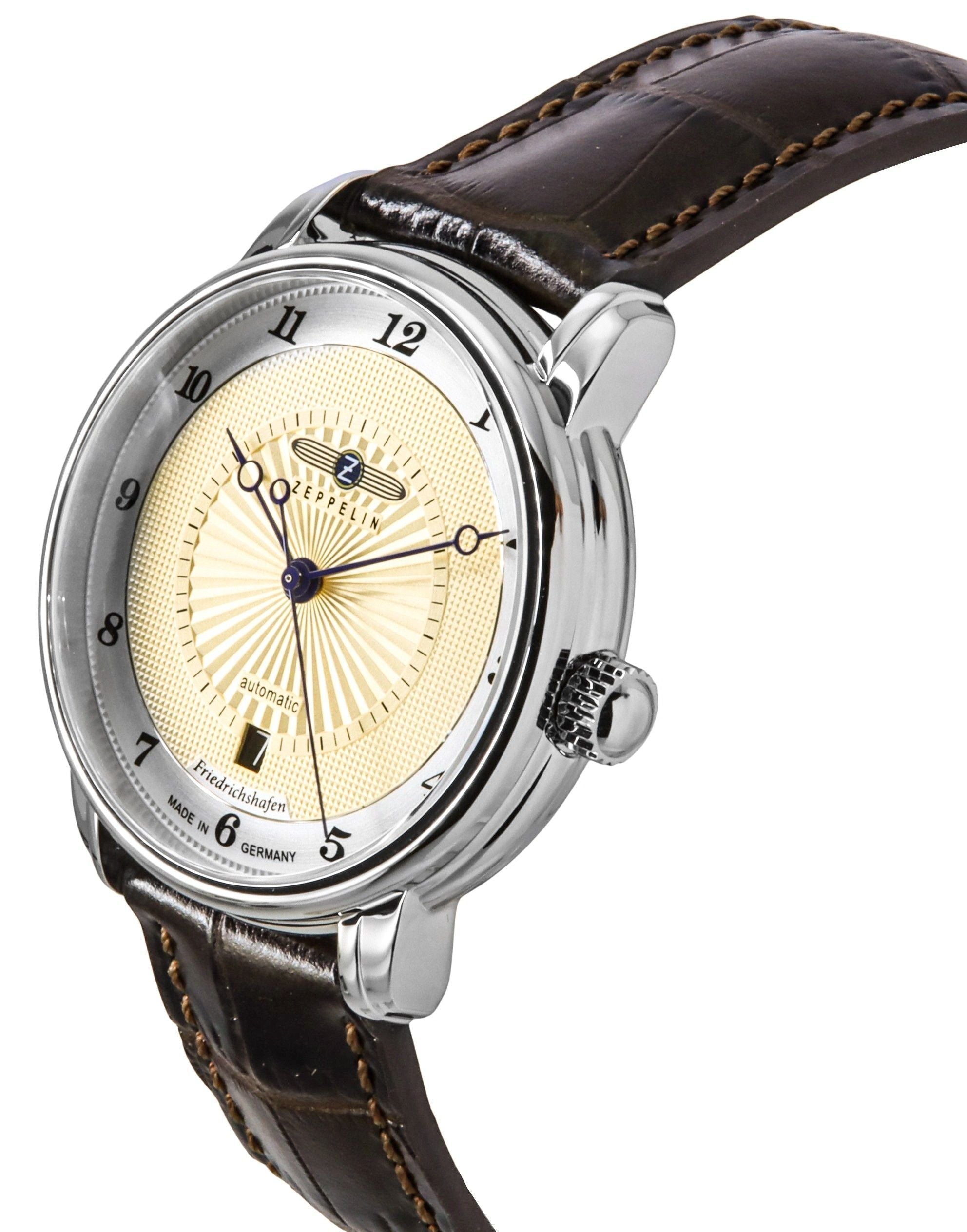 Zeppelin Friedrichshafen Leather Strap Gold Tone Dial Automatic 85565 Men's Watch - Prestige Stones