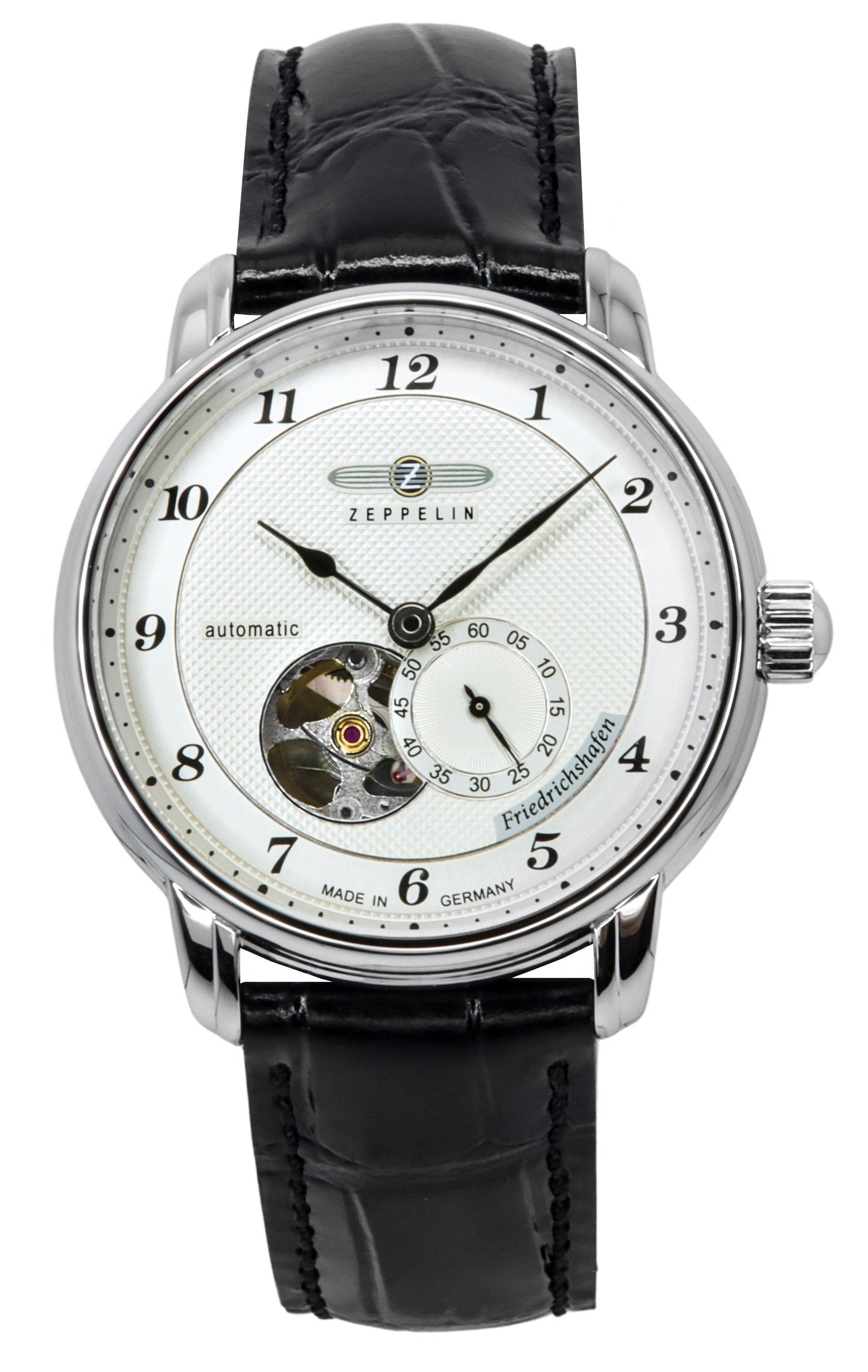 Zeppelin Friedrichshafen Leather Strap Silver Open Heart Dial Automatic 85664 Men's Watch - Prestige Stones
