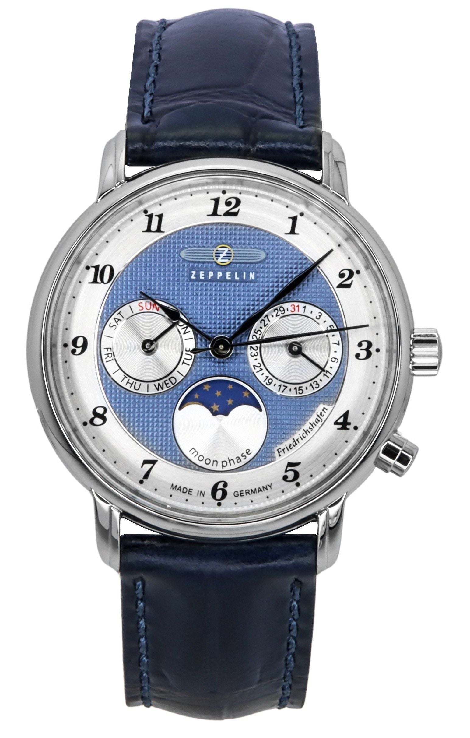 Zeppelin Friedrichshafen Moon Phase Leather Strap Blue Dial Quartz 85373 Women's Watch - Prestige Stones