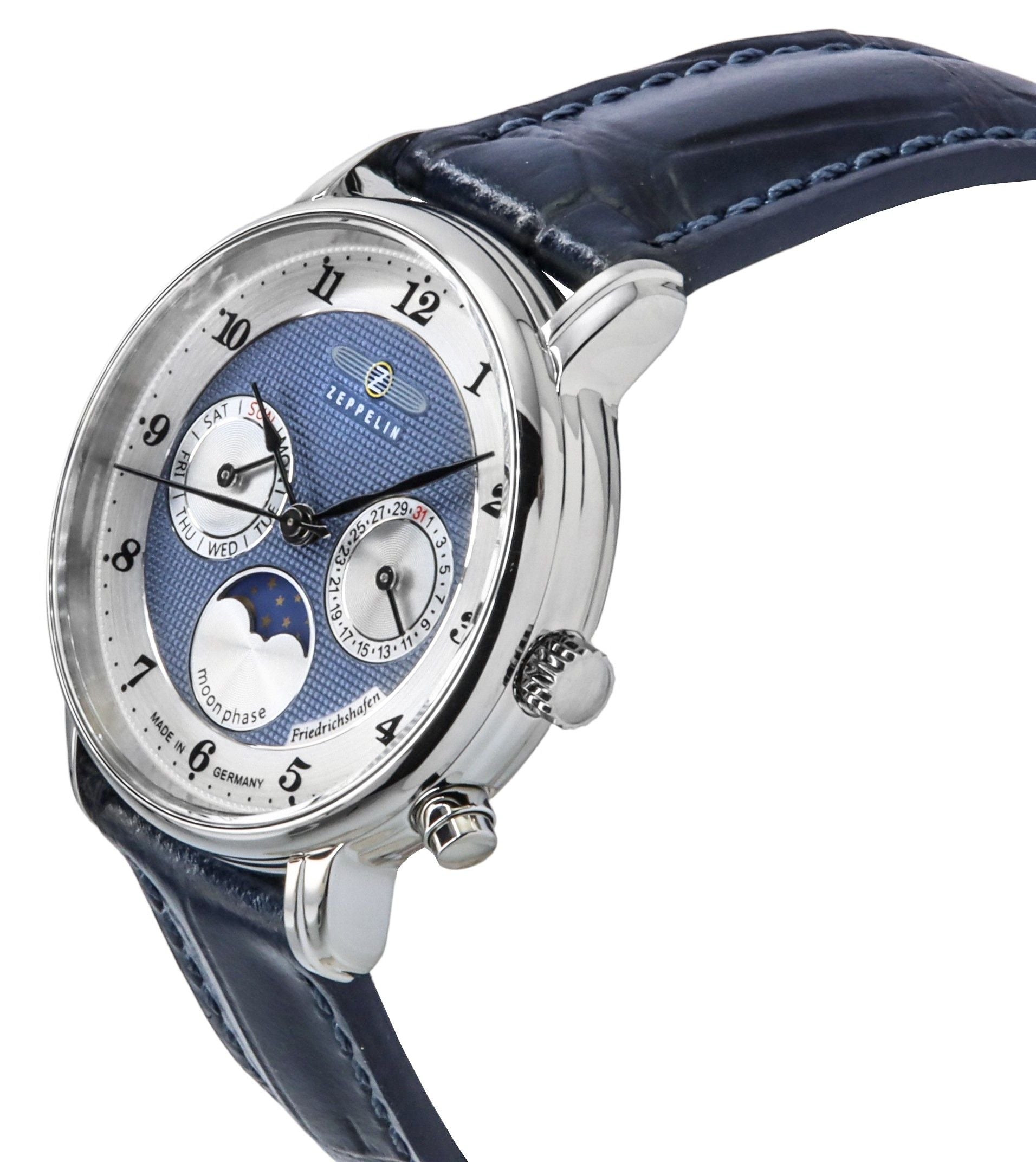Zeppelin Friedrichshafen Moon Phase Leather Strap Blue Dial Quartz 85373 Women's Watch - Prestige Stones