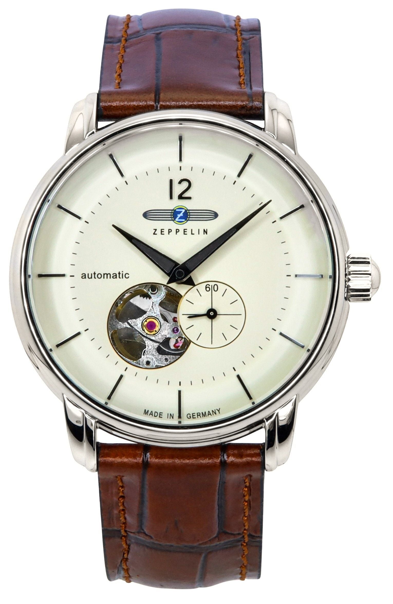 Zeppelin LZ - 120 Bodensee Leather Strap Beige Open Heart Dial Automatic 81661 Men's Watch - Prestige Stones