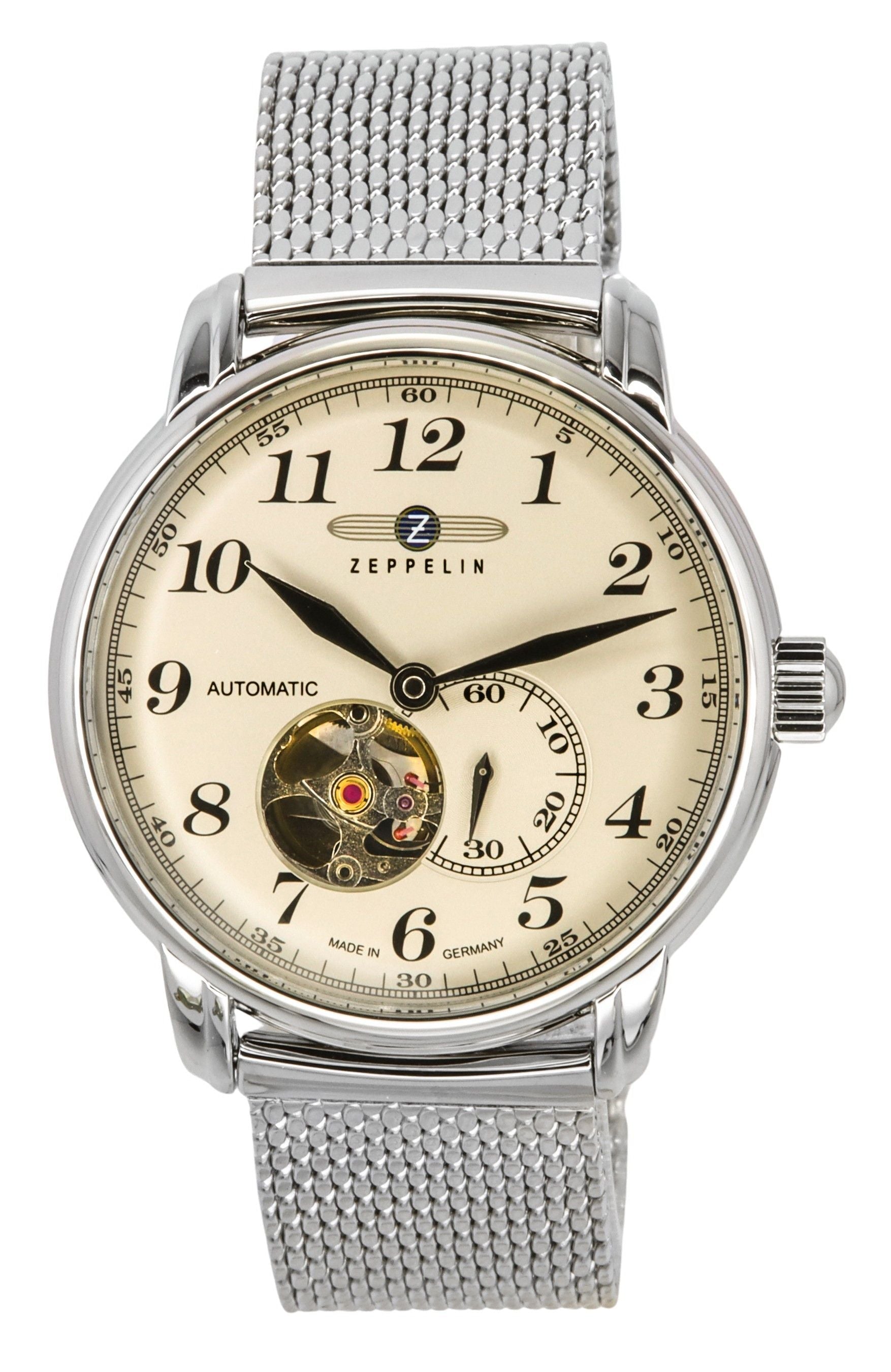 Zeppelin LZ 127 Graf Stainless Steel Open Heart Beige Dial Automatic 7666M5 Men's Watch - Prestige Stones