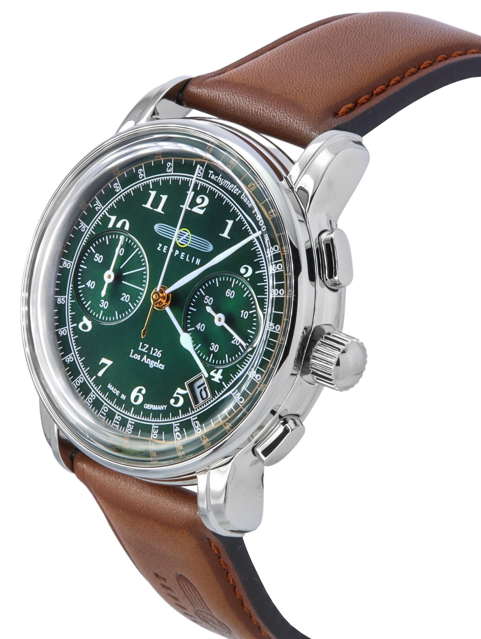 Zeppelin LZ126 Los Angeles Chronograph Leather Strap Green Dial Quartz 76144 Men's Watch - Prestige Stones