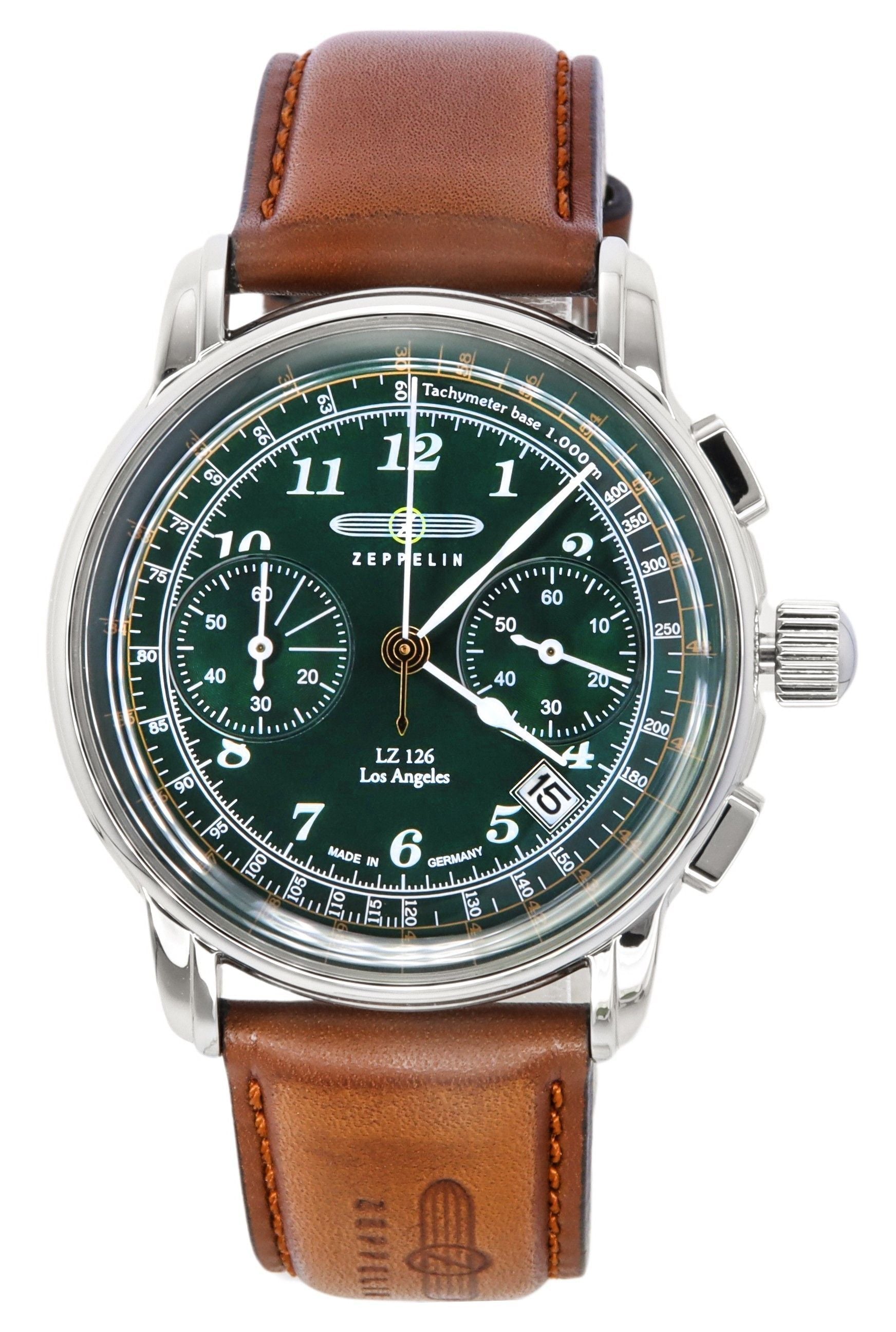 Zeppelin LZ126 Los Angeles Chronograph Leather Strap Green Dial Quartz 76144 Men's Watch - Prestige Stones