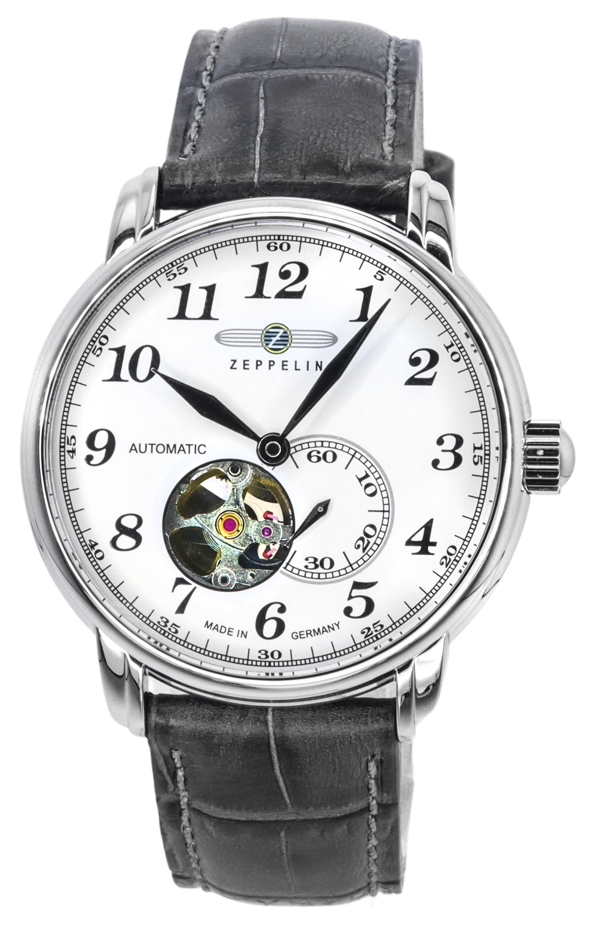 Zeppelin LZ127 Graf Leather Strap White Open Heart Dial Automatic 76661 Men's Watch - Prestige Stones